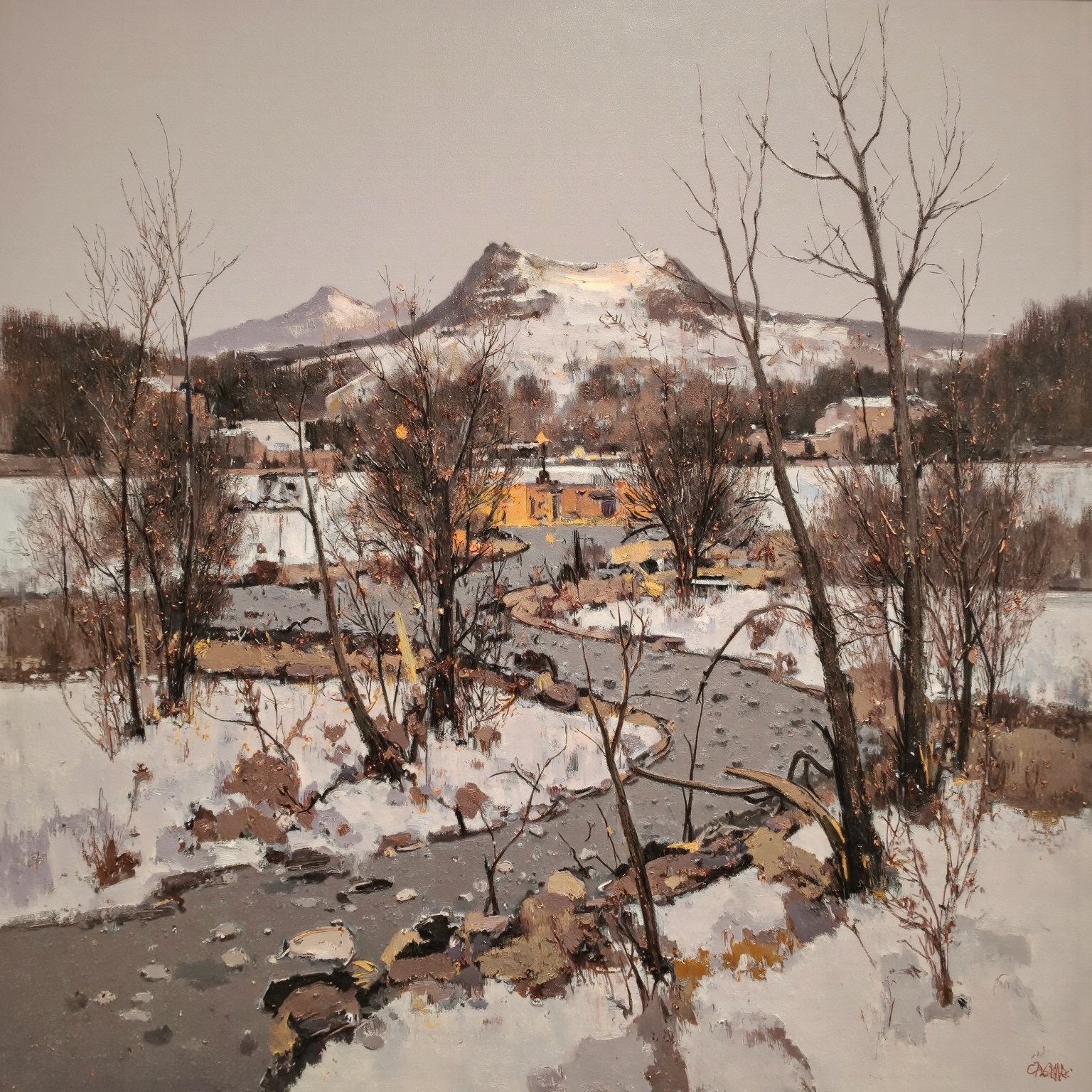 qnian,mohu,bing,winter valley at dawn,sepia oil painting,soft backlight behind mountain ridge,frozen river winding across the valley,scattered clusters of bare trees catching highlights,subtle glow diffused through cold air,textured brush strokes creating depth,serene and expansive mood,