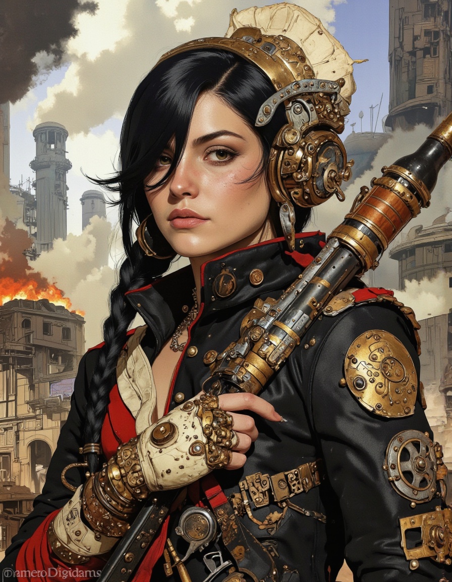 By Phandigrams. A fierce steampunk woman with braided black hair wearing a leather jacket covered in brass studs and intri...