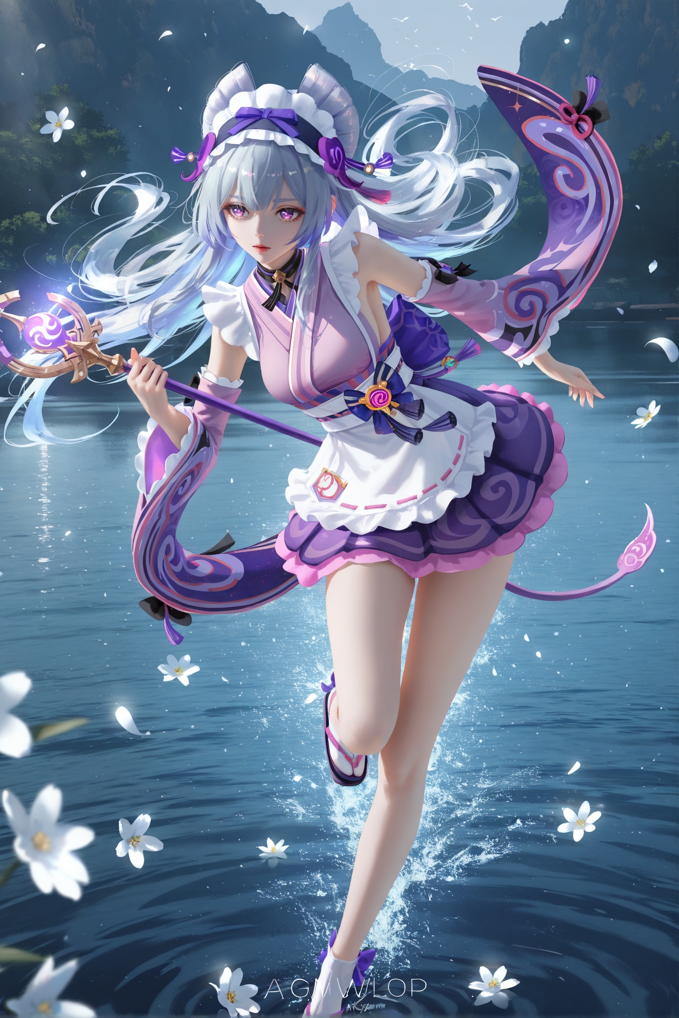 masterpiece,best quality,((artist:reoen),(artist:fuzichoco),(artist:atdan),(artist:torino_aqua:0.5),year 2024:0.5),(artist:omone_hokoma_agm:0.8),cg,realistic,wlop,highres,newest,year 2024,year 2023,dynamic pose,1girl,inside the lake,looking to viewers,white flowers scattered around her,haze,bloom,rim lights,holding staff,<lora:mjyue-noob-Tanger:0.8>,Yumemizuki Mizuki /(Genshin Impact/),clothes: purple kimono with white apron and maid headdress,1girl,japanese clothes,wa maid,purple flower,purple eyes,detached sleeves,apron,maid headdress,long hair,tail,