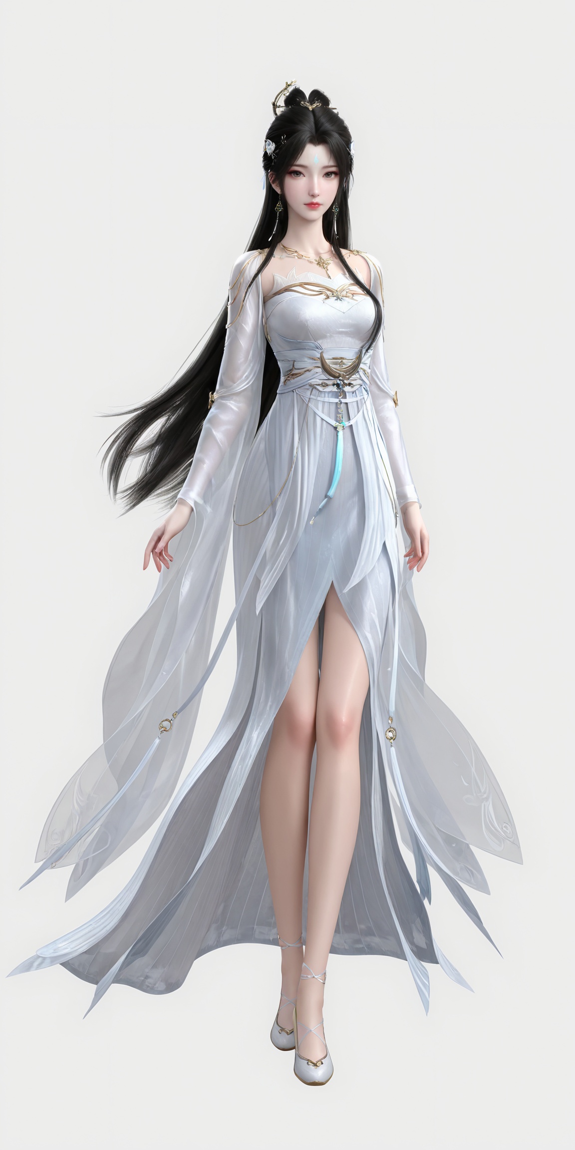 masterpiece,high quality,tall,game cg,highres,(soft light:1.2),white_skin,(shiny_skin:0.6),(realistic:1.1),lvjing,<lora:清漪:0.6>,qingyi,1girl,solo,earrings,jewelry,hair ornament,hair_bun,long hair,closed mouth,portrait,forehead mark,facial mark,black hair,looking_at_viewer,white_background,simple background,legs,long legs,white footwear,full body,
