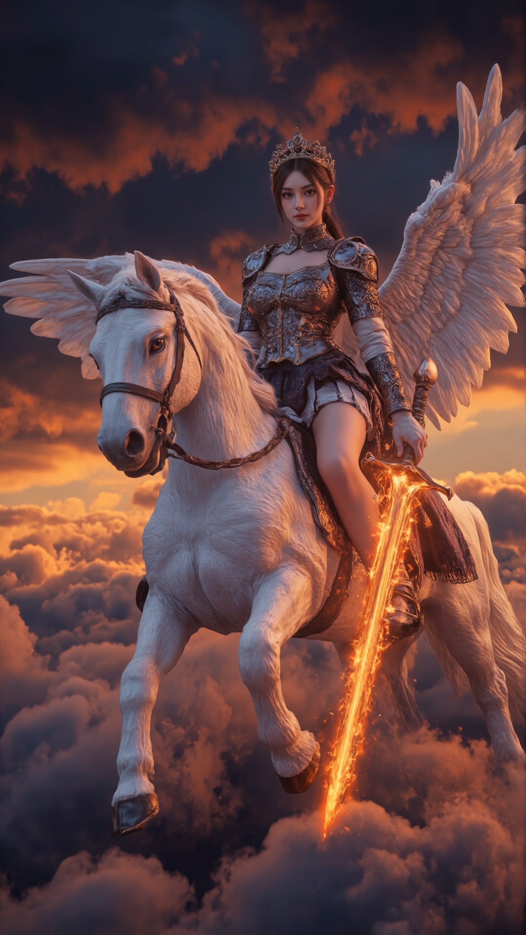 Elegant woman dressed in elaborate medieval breastplates and pleated short skirts,with a crown on her head,riding a white winged unicorn,self-glowing armor,holding a glowing sword in her hand,hands on fire,long legs,dynamic angles,background above clouds,burning clouds,full body,movie background blurred,<lora:fire2:0.7>,