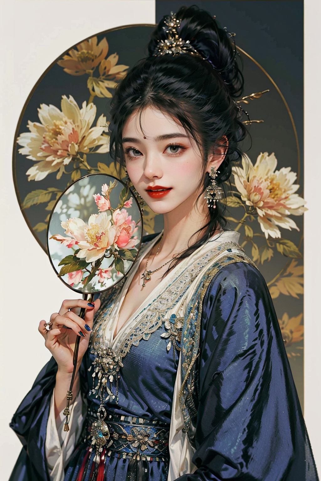 a woman in a blue dress holding a fan and a flower in her hand and a mirror in her hand, 1girl, jewelry, earrings, solo, hand fan, holding fan, hanfu, black hair, holding, chinese clothes, hair ornament, red lips, flower, smile, long sleeves, necklace, updo, upper body, dress, red nails, makeup, lipstick, nail polish, hair bun, shawl, black eyes, tassel, norfleet，Best quality,masterpiece,ultra high res,<lora:jyy:0.7>,