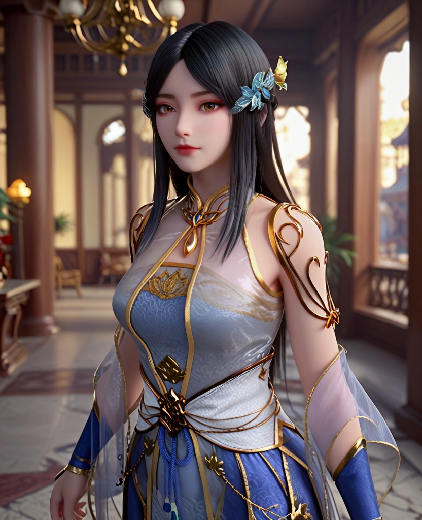 (oriental architecture, elegant decor, sophisticated style:1.1),(posing:1.1),looking at viewer,(breasts:1.2),<lora:XL斗破苍穹柳菲透纱新衣:0.95>,miss liufei,dress,long hair,black hair,chinese clothes,see-through,brown eyes,hair flower,parted bangs,makeup,, score_9,score_8_up,score_7_up,score_6_up,score_5_up,score_4_up,3d rendering,tag1,tag2, Cinematic Lighting,backlighting,