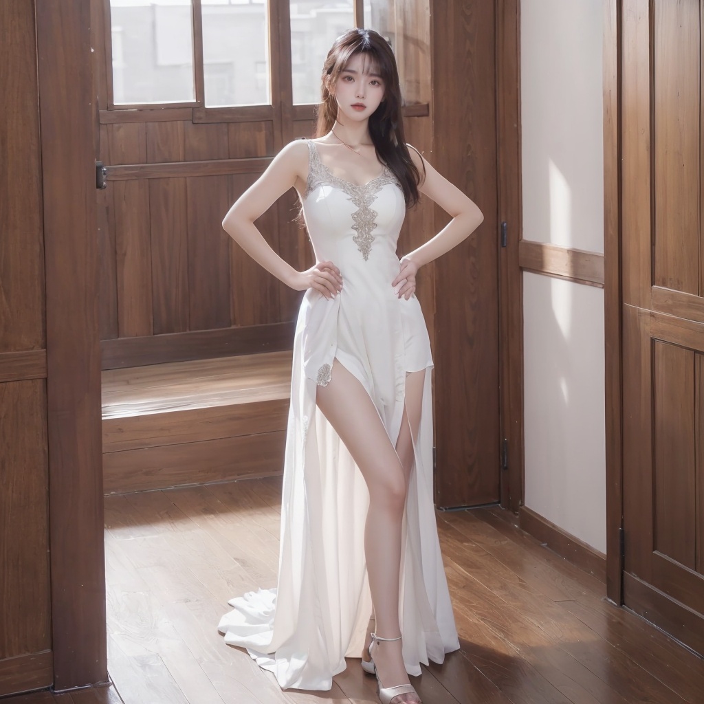 1girl, dress, Indoor, standing, full_body,hand on hip,<lora:20231109-1699510907344:0.6>