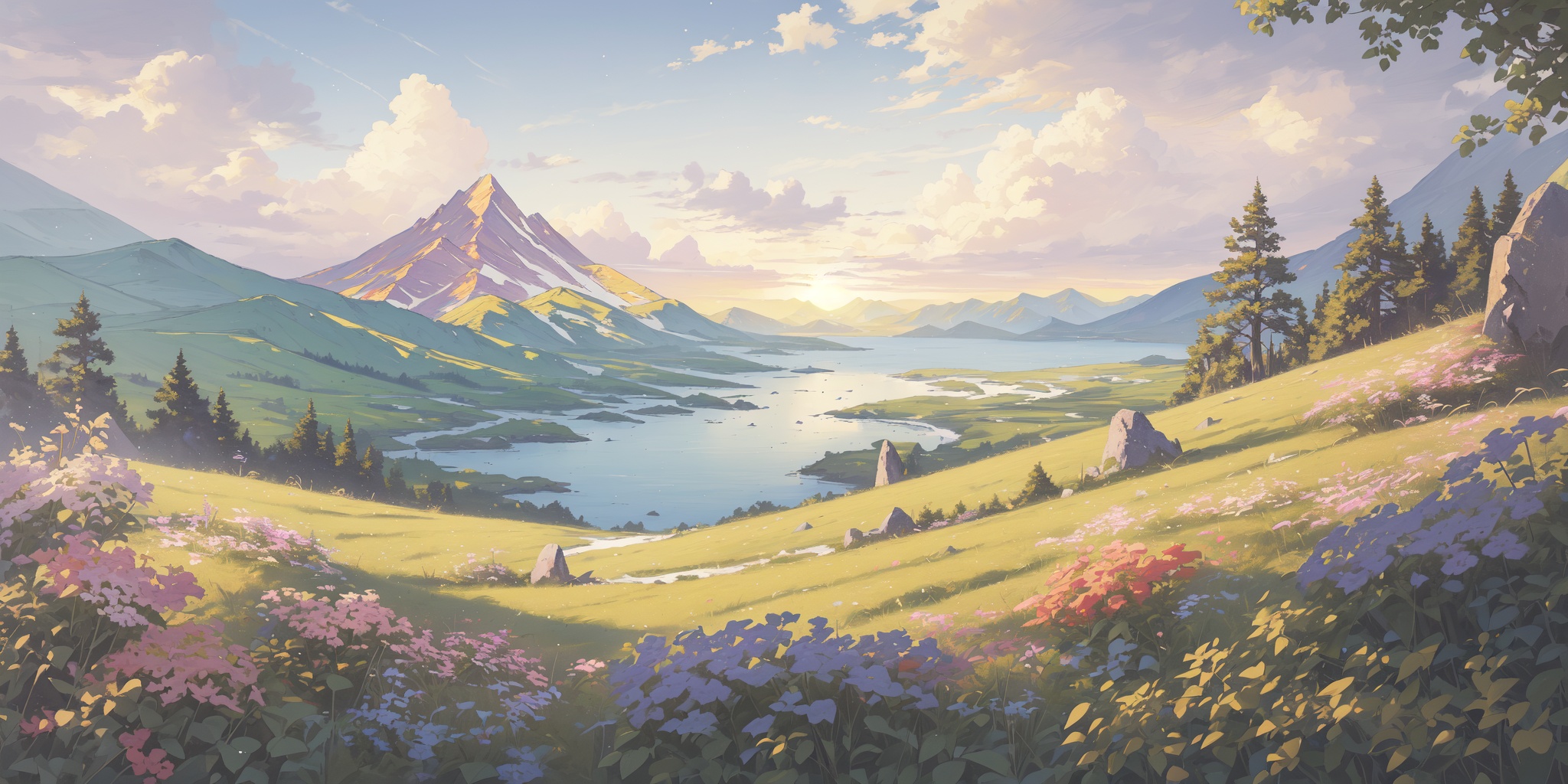 scenery,outdoors,light particles,beautiful detailed sky,beautiful detailed glow,best shadow,panorama,(Volcano, Lava, Ash, Crater, Smoke, Rocks, Seabirds, Magma:1.3),(Lakeside meadow, Picnic, Noontime sun, Nature scenery, Enjoyment, Relaxation:1.2),(Meadow flowers, Butterflies, Wildflower carpet, Springtime blooms, English landscape, Meadow breeze:1.1),(masterpiece, best quality, beautiful and aesthetic:1.3),extremely detailed CG,ultra-detailed,beautiful concept illustration,illustration,extremely fine and beautiful,perfect details,<lora:YOUHUA-000018:1>,oil painting \(medium\),
