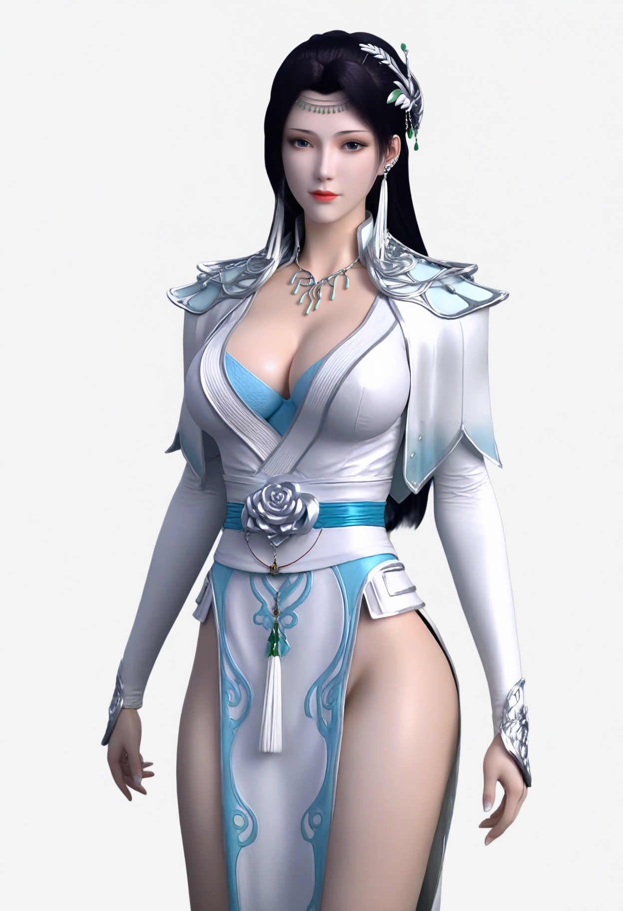 fair_skin,white_skin,Ivory_skin,<lora:SF_YunYunAbout3Years3_Pony_Realism2.3-000003:0.7>,hair ornament,black hair,looking at viewer,1girl,standing,breasts,large breasts,dress,solo,simple background,white background,
