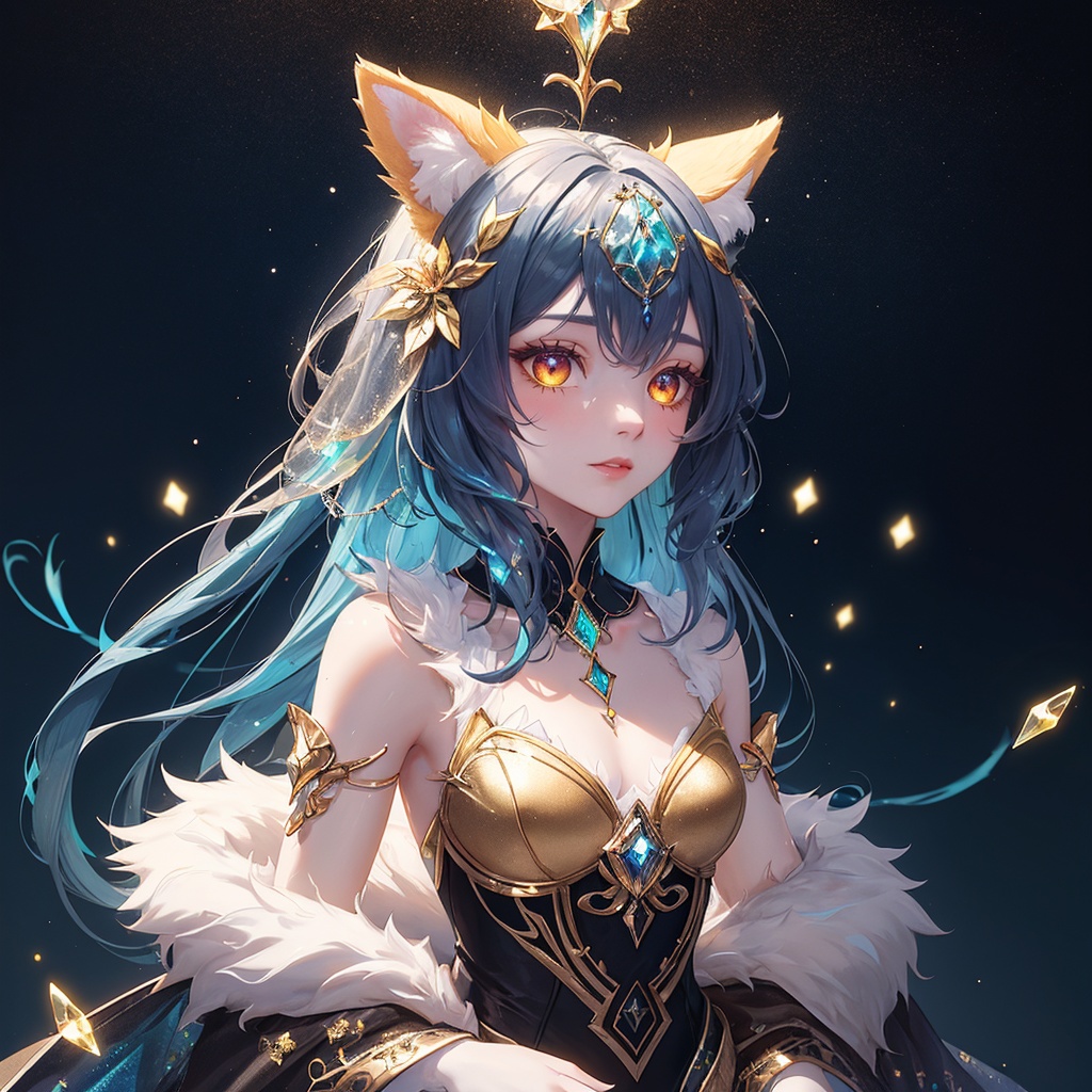 half furry,animal ears,furry:1.3,extremely delicate iridiscent a woman made of Translucent glowing glass,translucent,tiny golden accents,beautifully and intricately detailed,ethereal glow,whimsical,art by Mschiffer,best quality,glass art,magical holographic glow,half furry,FURRY,simple background,in the dark,<lora:lora:0.6>,