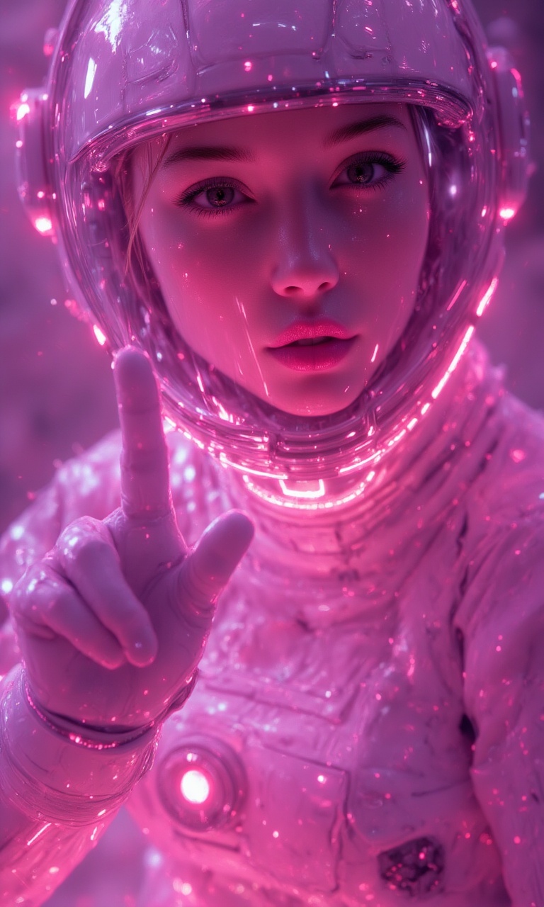 JMstyle-CGI,A highly detailed, realistic CGI image of a young woman wearing a futuristic, high-tech spacesuit. The suit is primarily white with pink accents and glowing elements, giving it a neon-**** appearance. The woman has a serious expression and is looking directly at the camera with her eyes wide open. She has light skin, long blonde hair that is partially covered by the helmet, and she is wearing makeup, including eyeliner and mascara that make her eyes stand out.The background is a blurred mix of pink and purple hues, creating a dreamy and surreal atmosphere. The lighting is soft and diffused, casting a gentle glow on the woman's face and the suit. The suit has various components and textures, including a clear visor, a metallic chin piece, and a flexible, form-fitting material.The woman's pose is dynamic, with her left hand raised in a gesture, fingers spread. The image has a sci-fi theme, evoking a sense of adventure and exploration. The overall aesthetic is sleek and futuristic, with a strong focus on the woman and her advanced technology.The image is a high-resolution CGI rendering, with a smooth and polished finish. The style is reminiscent of concept art from sci-fi movies or video games, with a strong emphasis on realism and detail.