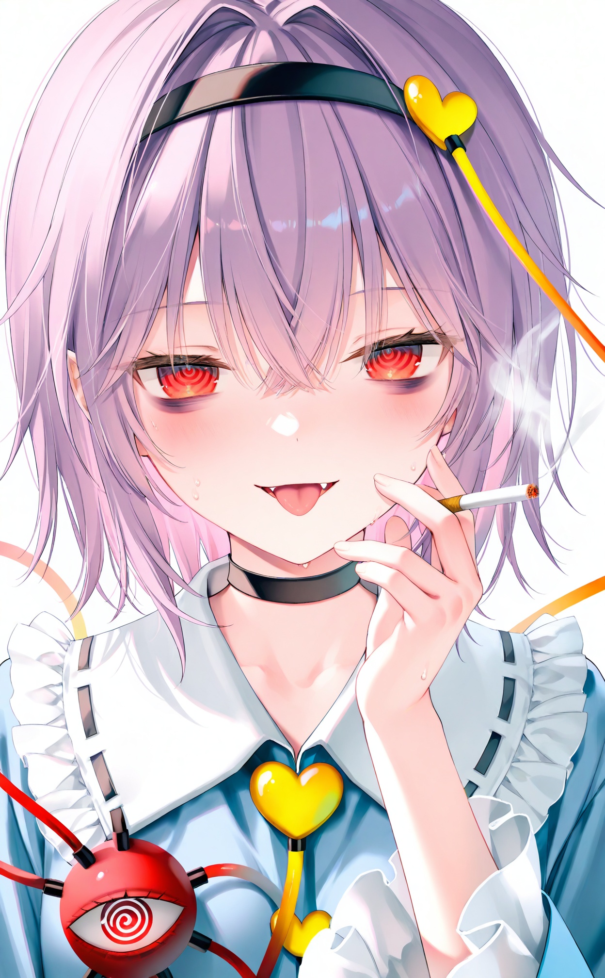 masterpiece,very aware,highres,absurdres,newest,best quality,high quality,loli,petite,chromatic_aberration,Light Blue Theme,//,1girl, @_@, komeiji satori, cigarette, solo, red eyes, third eye, tongue, holding cigarette, holding, shirt, white background, hairband, open mouth, blue shirt, upper body, simple background, smoke, heart, tongue out, smoking, long sleeves, short hair, black hairband, purple hair, heart hair ornament, frilled shirt collar, wide sleeves, frills, hair between eyes, frilled sleeves, hair ornament, looking at viewer, choker, ringed eyes, heart button, buttons, black choker, fang, smile, ribbon trim, eyeball, sweat, blush, bags under eyes, blouse, breasts, collared shirt//,(artist:chen bin:1.1),(quasarcake:0.2),(rurudo:0.9),(honjou raita,lack,rella,wanke:0.3),(nakamura_regura:0.4),(yoneyama mai:0.3),//,