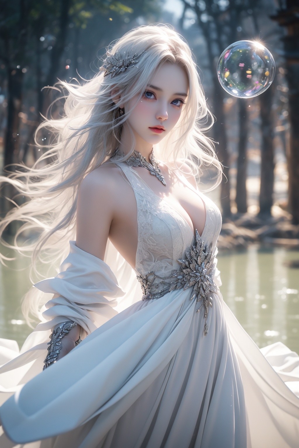 ink (focus on face),sunset,detailed clothes,detailed face,detailed skin,lens flare watercolor (medium)ï¼Œ ((masterpice))ï¼Œsprayï¼Œbubbleï¼Œintricate detail, reflection light,contour deepening,cinematic lighting,1 girlï¼Œ {{detailed white hair}}ï¼Œ(detailed blue eyes) ï¼Œlong hairï¼Œ((shiny hair)),((hair strand)), {{aqua eyes}}ï¼Œmedium breasts, Floating white silk,(floating water),(((colorful bubble))),dream,(((extremely detailed CG unity 8k wallpaper))),{painting},(((ink))),amazing,(floating flow),(Luminous),beautiful detailed water,drenchedskirt type wedding dress