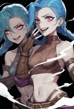 best quality, masterpiece, jinx \(league of legends\), long hair, black background, bare shoulders, fingerless gloves, gloves, braid, twin braids, bangs, breasts, pink eyes, looking at viewer, asymmetrical bangs, teeth, blue hair, smile, bullet, upper body, 1girl, pink nails, open mouth, brown gloves, navel, collarbone, smoke, crop top, brown shirt, 2girls, multiple girls, closed mouth, small breasts, green hair, simple background, black gloves, nail polish  <lora:rsefXLlokr4f-000143:0.95>