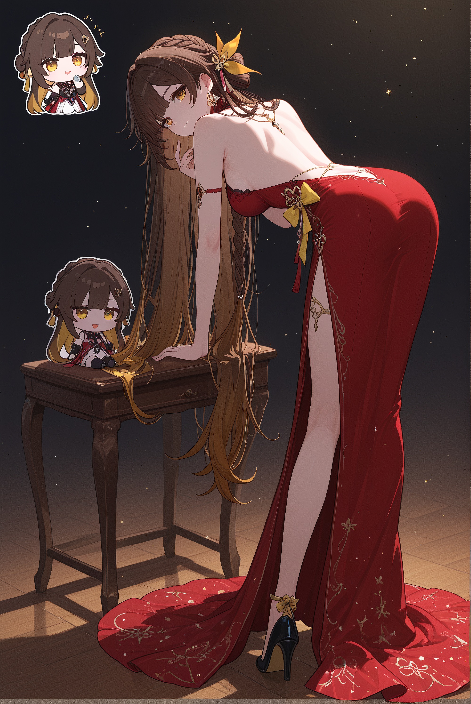 An illustration of Sushang from *Honkai: Star Rail*: She wears a red backless gown with a high side slit and heels, keeping her signature braid and yellow bow. Leaning forward, she showcases graceful curves, reimagining the valiant swordsman as a sexy vision.（chibi）