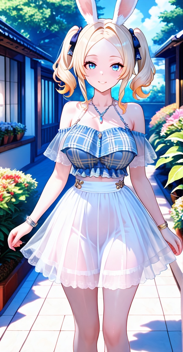 plaid shirt,  off-shoudler skirt,  rabbit ears on Tensor.Art