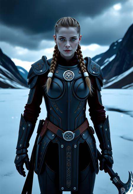 A captivating image emerges, focusing on a vikingpunk warrior-princess with her presence commanding attention in the icy wasteland. Her futuristic viking armor based on traditional viking armor, a seamless fusion of technology and her athletic form, slim-athletic form highlights her strength and agility. The warrior's twin braids with shaved sides, frames her determined expression, while her piercing eyes bore into the viewer. Ancient runes are etched into her battleaxe and armor, crackling with mystical glowing energy. The frozen landscape, a testament to her people's resilience, stretches into the distance, where dark, ominous clouds partially veil the rugged mountainous pass, filling the air with crispness and the promise of lightning. This artwork, with its Nordic and Viking-inspired elements, captures the essence of a powerful futuristic figure, seamlessly blending ancient traditions with futuristic innovations. Beauty, chiaroscuro, play of shadow and light, realistic,   <lora:flux_trainer/moxiePunk_v4D>