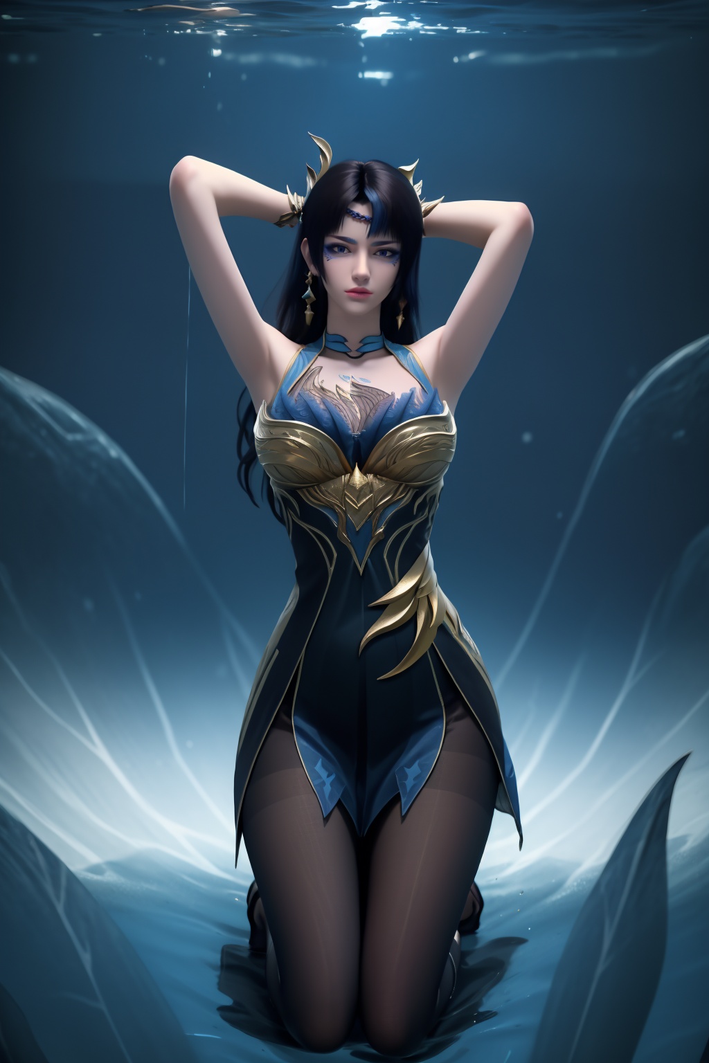 1girl,underwater,submerged,floating hair,air bubble,holding breath,see-through,masterpiece,best quality,highly detailed,fish,(wide hip:1.2),jellyfish,earrings,hair ornament,sea weed,coral reef,shark,sea turtle,sexy pose,kneeling,chinese dress,chinese clothes,big breasts,(looking at viewer:1.2),black pantyhose,arms up,torn pantyhose,antlers,