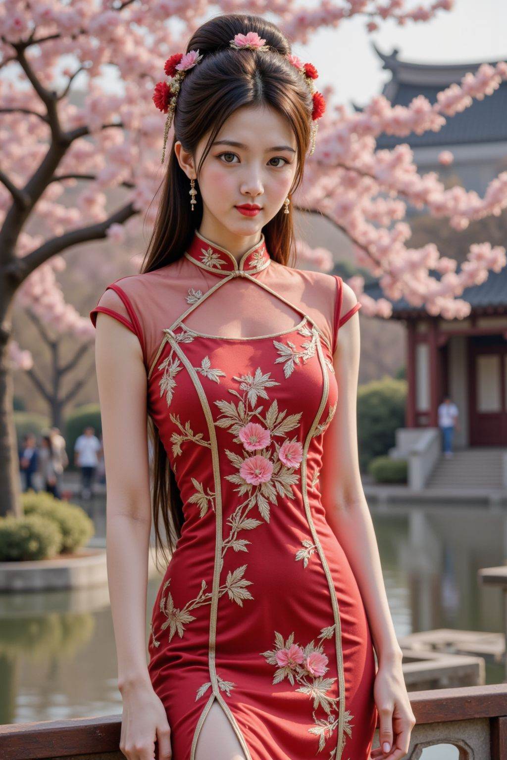 This is a photograph of a young Asian woman with fair skin and long brown hair styled in an elegant updo adorned with floral hairpieces. She wears a red, form-fitting cheongsam dress with intricate gold embroidery, a high slit, and sheer sleeves. She stands by a traditional Chinese pavilion with cherry blossom trees in bloom in the background, set against a serene water feature. The image has a realistic, photorealistic style with soft lighting and vibrant colors.