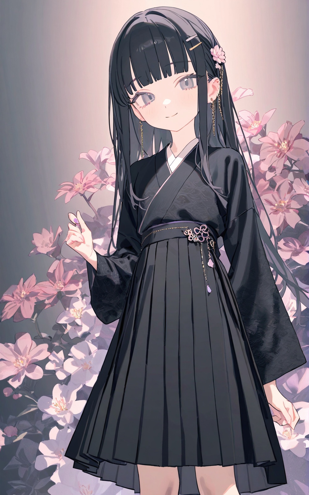 simple background,(Gradient background:1.3),Bright background,(flower background:1.6),reality,(deadflow:1.1),bm tol,(ask \(askzy\):1.1),pastel colors,(close-up:1.3),(portrait:1.1),Focus on the face,looking at viewer,(upper body:1.3),standing,1girl,loli,solo,long hair,blunt bangs,black hair,Silver eyes,Plum hair clip,ear chain,Flat chest,Plain clothes,(fine fabric emphasis:1.3),(black clothes:1.3),black hanfu,black Plum dress pattern,very long pleated skirt,(Skirts that go past the knee:1.1),Chinese Embroidered shoes,light smile,finger heart,