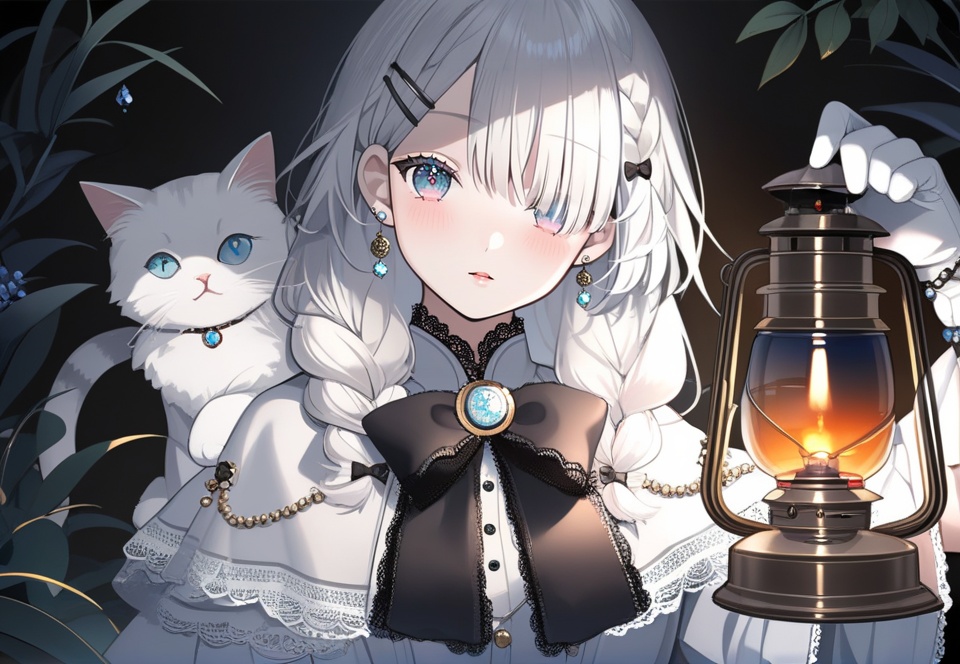 (best quality), ((masterpiece)), (highres), illustration, original, extremely detailed, <lora:淡彩の华美病娇:0.6>1girl, lantern, holding lantern, holding, braid, long hair, watch, looking at viewer, jewelry, hair ornament, earrings, pocket watch, cat, bow, solo, blush, animal on shoulder, hairclip, gem, parted lips, animal, hair over one eye, capelet, white hair, gloves, black bow, lace-trimmed sleeves, plant, bangs, upper body, hair over shoulder, single braid, dress, beads, black background, brooch, clock, grey hair