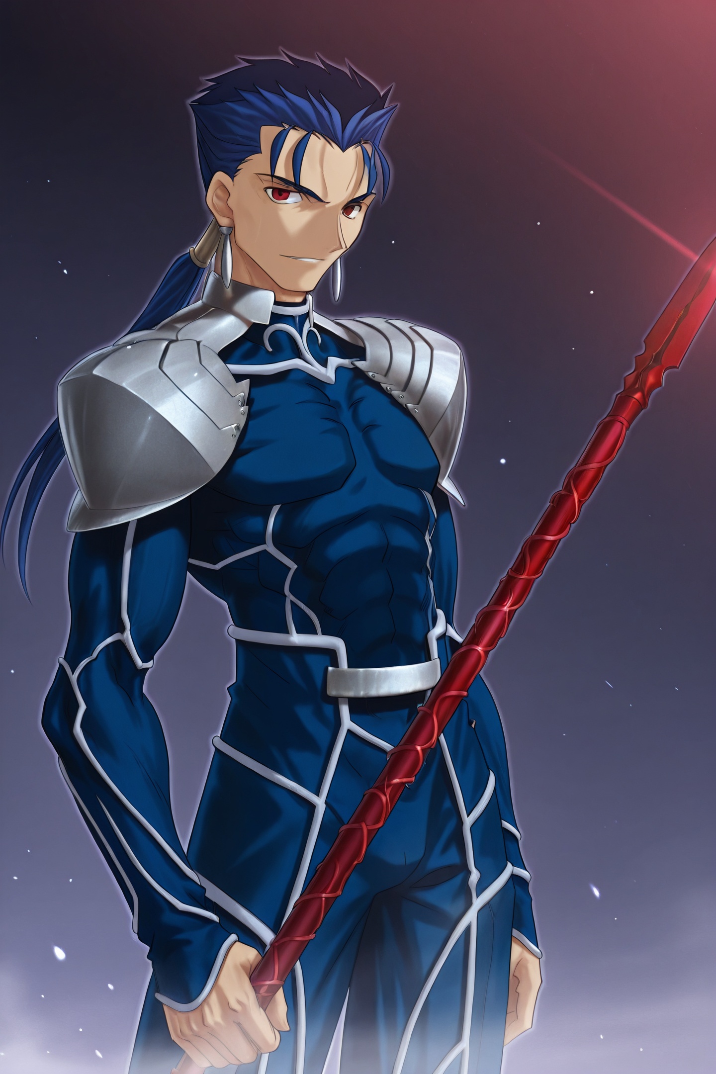 Fate stay night Style,cu chulainn \(fate\),cu chulainn \(fate/stay night\),1boy,solo,gae bolg \(fate\),weapon,spear,male focus,polearm,blue hair,red eyes,ponytail,long hair,earrings,jewelry,<lora:Fate stay night_illustriousXL:1>,