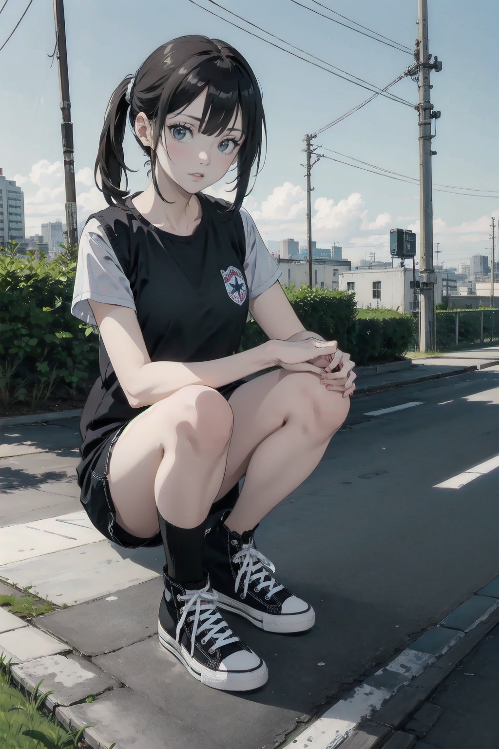 masterpiece,best quality,ultra detailed,detailed face,8K,1girl,solo,squat,leg,shoes,cvas,black shoes,<lora:converse all star:1.1>,