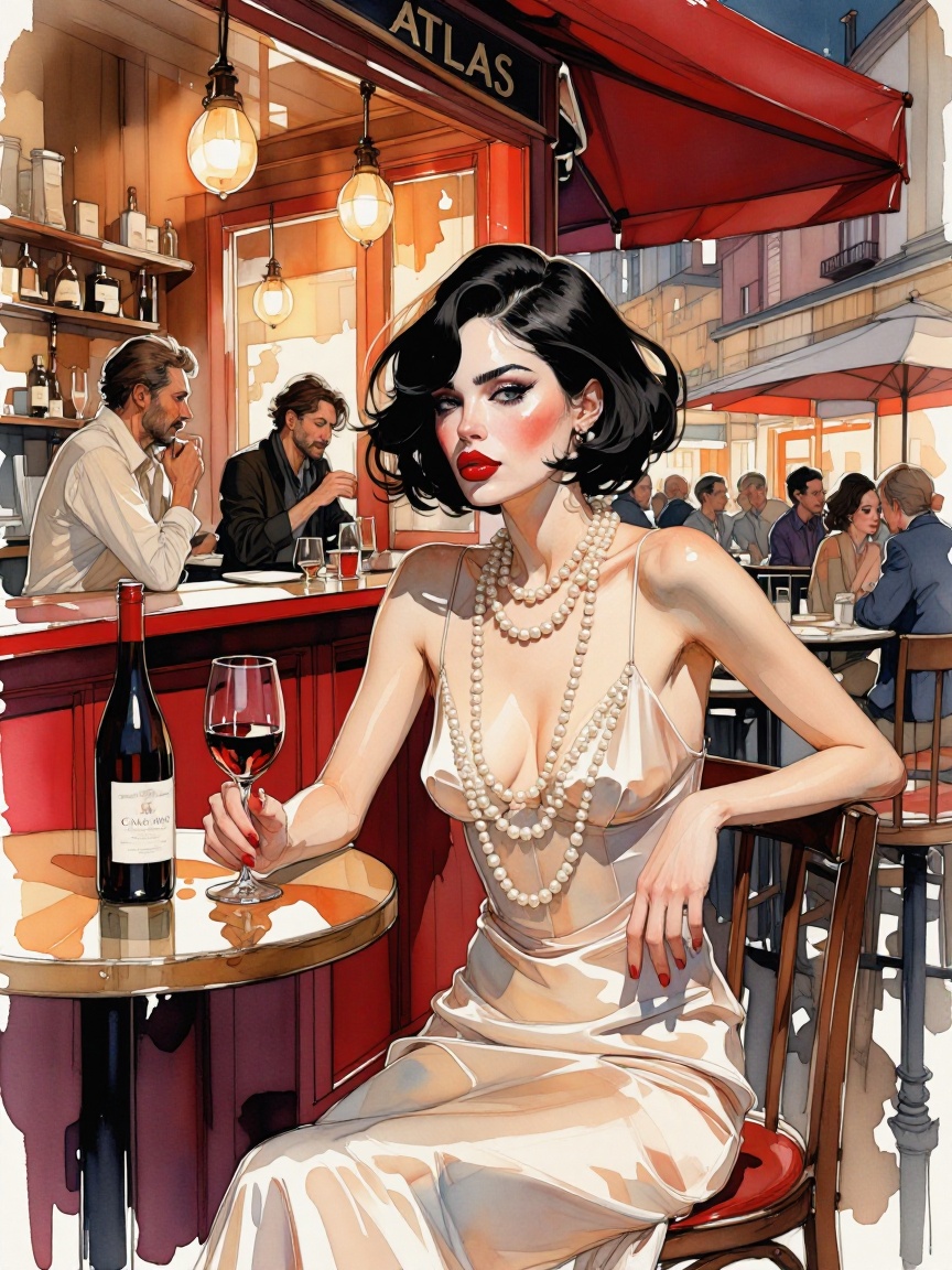 VarcoterolV7 art style — A sultry,  glamorous woman with short black bob hair sits at a sunlit outdoor bar called “ATLAS,...