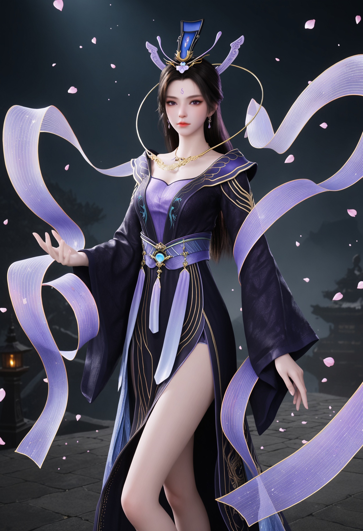 (cowboy shot:1.2),(looking at viewer:1.1),masterpiece,(best quality),smog,Dark room,dim lighting,peach blossom,falling petals,<lora:YQ_Illustrious光辉v5_紫霞_V1:0.8>,q1528437228,1girl,solo,black hair,long hair,jewelry,hair ornament,dress,earrings,necklace,Celestial streamers,Flowing streamer,Silk streamer,Trailing ribbon,ribbons,long sleeves,forehead mark,sash,chinese clothes,wide sleeves,purple dress,brown hair,shawl,hat,black footwear,black dress,purple eyes,floating,obi,hagoromo,bare legs,brown eyes,hair bun,side slit,