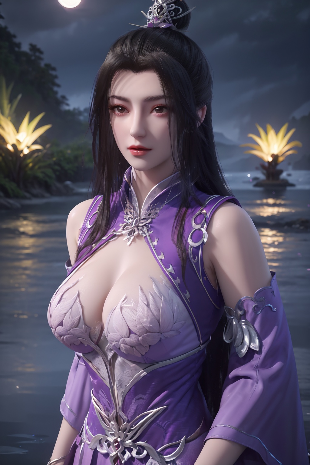 standing,dress,chinese clothes,flower,full_moon,moon,night,lily_pad,lotus,moonlight,nipples,water,night_sky,lily_\(flower\),sky,partially_submerged,1girl,solo,hair ornament,realistic,nail polish,photo_\(medium\),(big breasts, cleavage),makeup,(8k, RAW photo, best quality, masterpiece:1.2),(realistic, photorealistic:1.3),ultra-detailed,extremely detailed cg 8k wallpaper,(crystalstexture skin:1.2),extremely delicate and beautiful,(sexy pose:1.2),chinese dress,