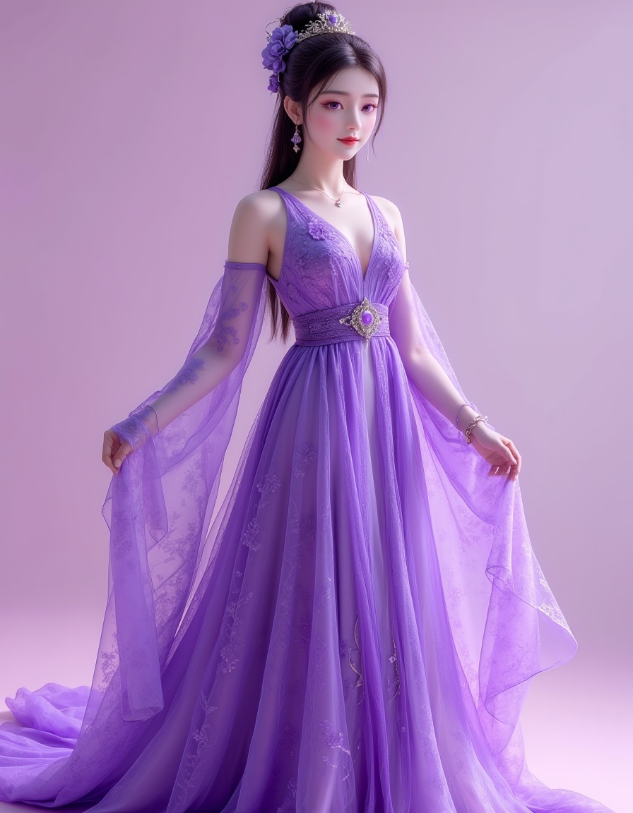 Beautiful Chinese girl in hanfu, She is dressed in an elaborate purple gown with intricate floral patterns. The dress features sheer sleeves with long, flowing fabric and a matching sheer overlay. Around her waist is a sash, possibly embellished with a flower or gemstone brooch, and the dress has a V-neckline. The overall color palette of the image is dominated by purples and pinks, creating a harmonious and dreamy aesthetic.