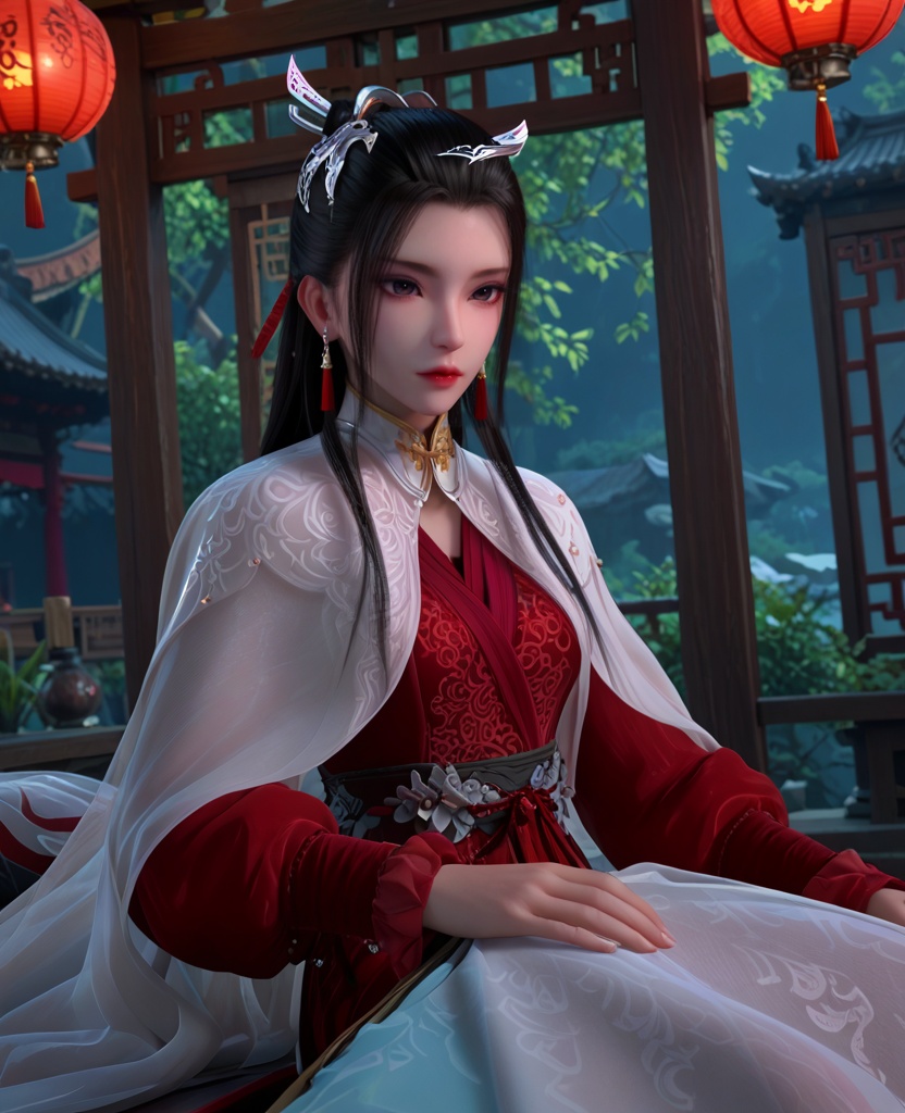 (oriental architecture, elegant decor, sophisticated style:1.1),(Lying down on the back, gazing at the sky,:1.1),(breasts:1.2),<lora:XL少年白马晏琉璃:0.95>,miss yanliuli,white cape with red dress underneath,brown eyes,hair ornament,earrings,black hair,hanging hair,long hair,sash,long sleeves,white cape,see-through silhouette,, score_9,score_8_up,score_7_up,score_6_up,score_5_up,score_4_up,3d rendering,tag1,tag2, Cinematic Lighting,backlighting,