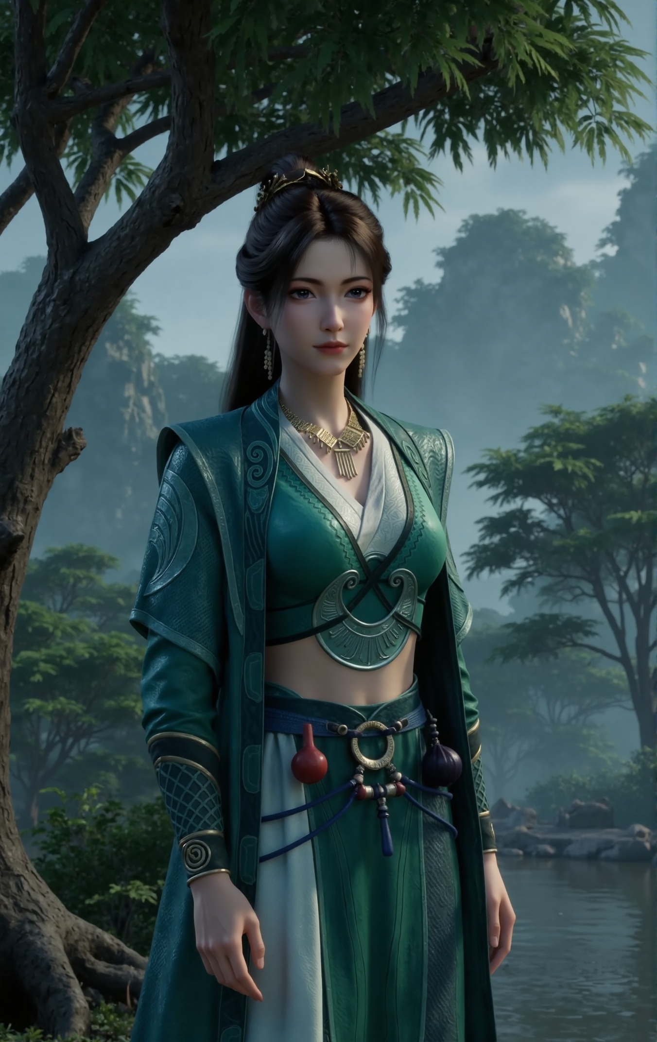 A self-portrait of Mupeiling,"Photograph capturing Mupeiling in a serene natural scene during gentle rain. Mupeiling wears an elegant traditional Chinese attire in teal with intricate patterns and a white inner layer,along with a small gold crown on her head. She also adorns herself with a gold necklace featuring dangling pendants and matching earrings. Her long dark hair is styled in a high ponytail,emphasizing the detailed jewelry and textures. She stands beneath a large tree with a thick trunk and vibrant green leaves,which provides shelter from the rain. Raindrops fall gracefully around her,creating a soft misty effect on the lush foliage. The ground is covered with calm,reflective water that mirrors the tree and sky above. The background features a simplified,dense forest of trees in varying shades of green,contributing to a peaceful and refreshing mood. The image highlights the tranquility and natural beauty,focusing on Mupeiling's detailed outfit and accessories.",
