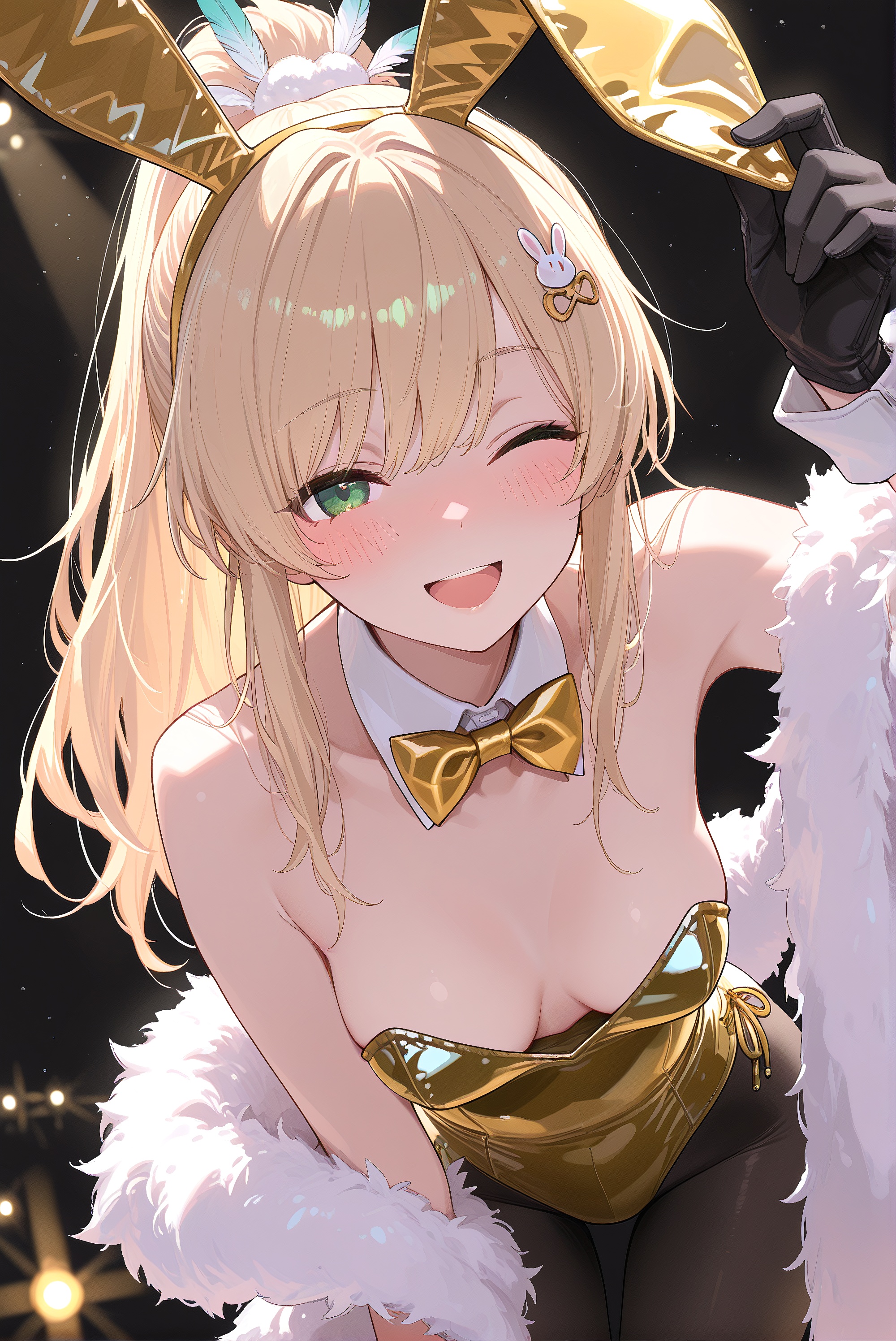 Masterpiece, high quality, extremely aesthetic, ultra-high resolution, latest, official artwork, (beautiful and aesthetic: 1.3), 1 girl, half-body close-up, slight blush, looking directly at the viewer, slim figure, green eyes, blonde hair, long hair, ponytail, fake animal ears, rabbit ears, hair ornament, yellow bowtie, high-neck black leotard, Playboy bunny outfit, pantyhose, feather boa, fur trim, black gloves, standing, stage lights, leaning forward, mouth open, one eye closed, looking directly at the viewer, smile, :D, blush, black background, masterpiece, best quality, amazing image quality,
