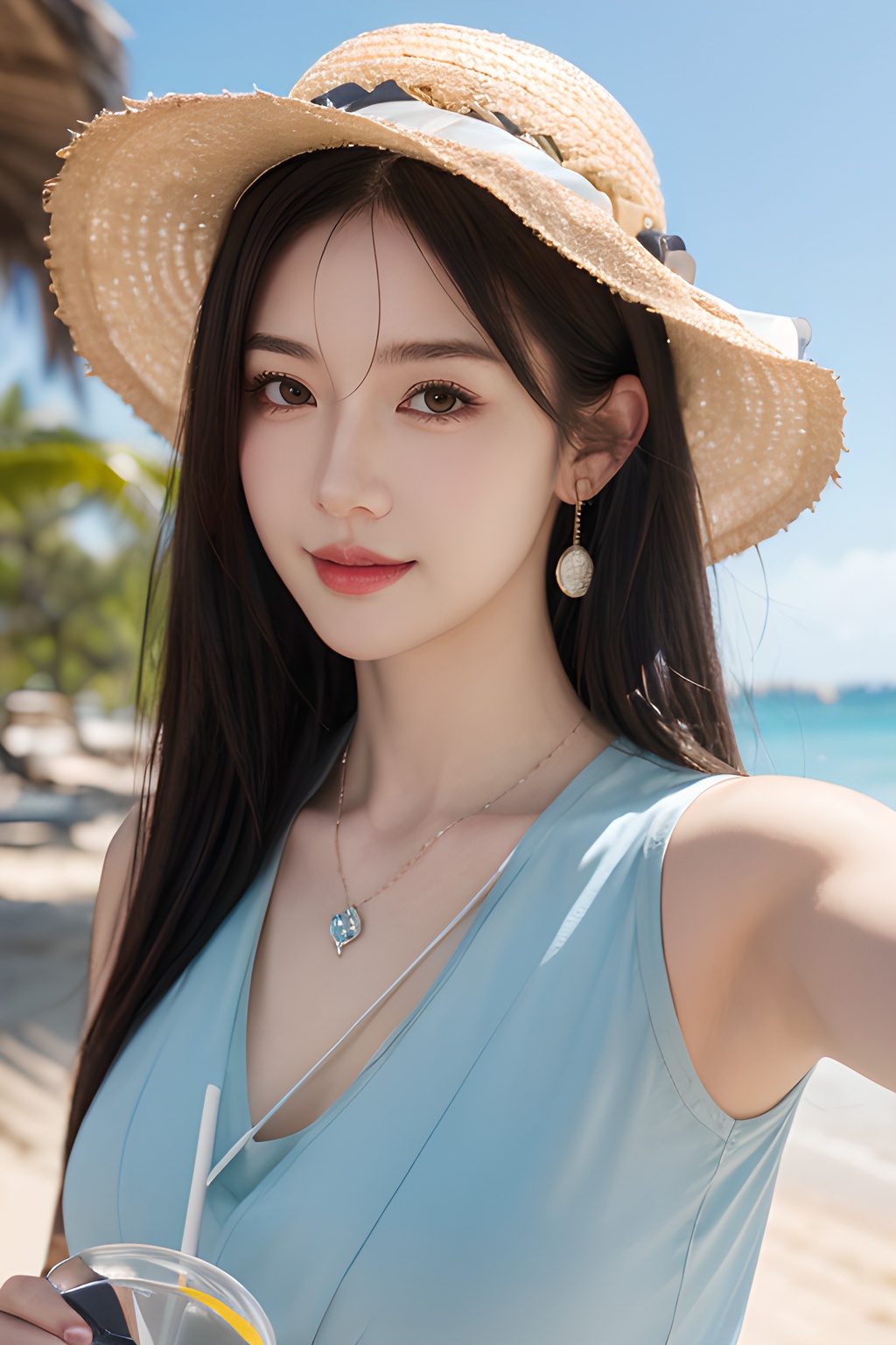 <lora:0812_03:0.7>,araffe girl with long hair wearing a straw hat and blue dress, 1girl, solo, hat, straw hat, long hair, looking at viewer, necklace, jewelry, heart necklace, smile, heart, brown hair, bangs, day, beach, outdoors, upper body, black hair, sunlight, closed mouth, swimsuit, selfie, sky, ocean,, 1girl,realistic,masterpiece, best quality, photorealistic, HDR,detail