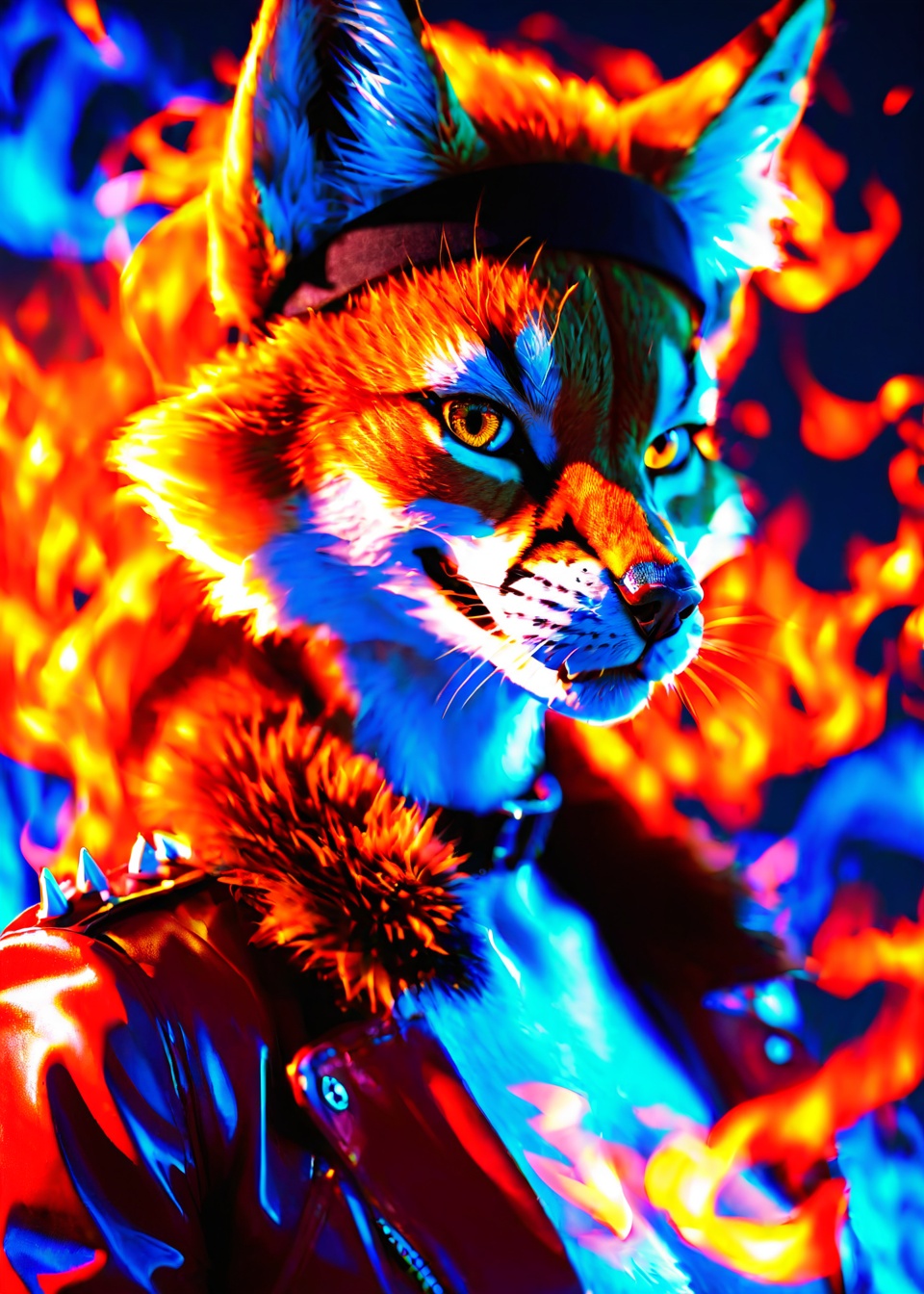 score_9,score_8_up,score_7_up,score_6_up,score_5_up,score_4_up,source_furry,realistic,photo,detailed face eyes and fur BREAK 1girl,dark ambient,glow,(detailed fire background, blue fire AND red fire:1.1),anthro furry female fox,orange hair,glowing gradient orange yellow eyes,enface portrait,small,looking at viewer,intimidating,smirk,black headband,black collar with white spikes,flame hot red leather jacket,white shirt with fire logo,highly detailed,absurdres,cinematic lighting,soft,fluffy,