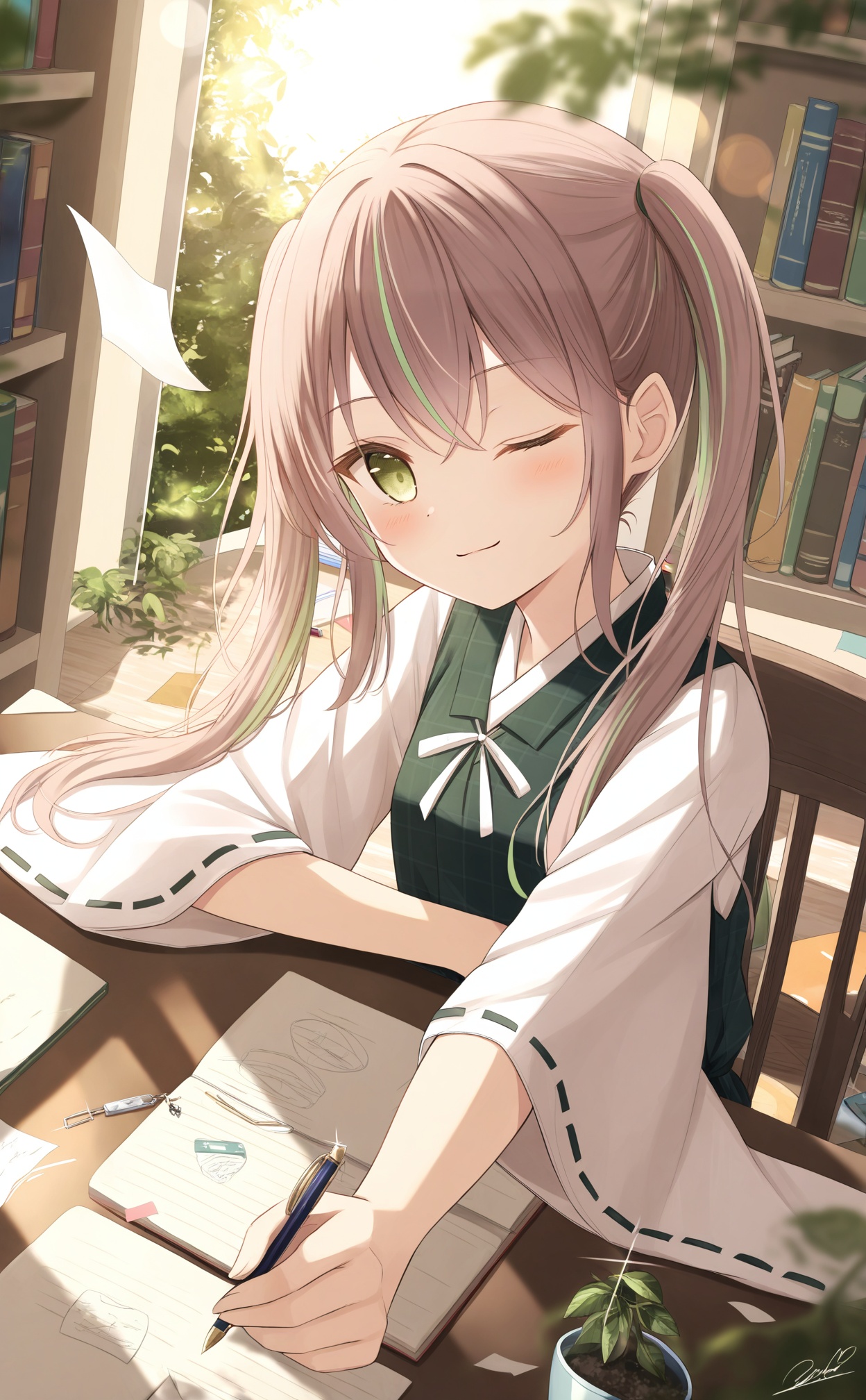masterpiece,absurdres,best quality,loli,petite,high quality,//,1girl, bookshelf, one eye closed, paper, green eyes, book, indoors, pen, solo, brown hair, multicolored hair, green hair, plant, leaf, looking at viewer, ribbon-trimmed sleeves, signature, closed mouth, library, ribbon trim, chair, potted plant, window, lens flare, smile, long hair, streaked hair, sunlight, two-tone hair, long sleeves, flying paper, blush, nib pen (object), outstretched arm, table, shirt, hair between eyes, day, wide sleeves, sitting, open book, holding pen, upper body, desk, light rays, shelf, book stack, ladder, falling leaves, glint, on chair, crossed arms, depth of field, japanese clothes, foreshortening, white shirt, blurry foreground, note, pencil, twintails, mechanical pencil, blurry, charm (object)//,<lora:千道センリ2——【noob】hans:0.8>,