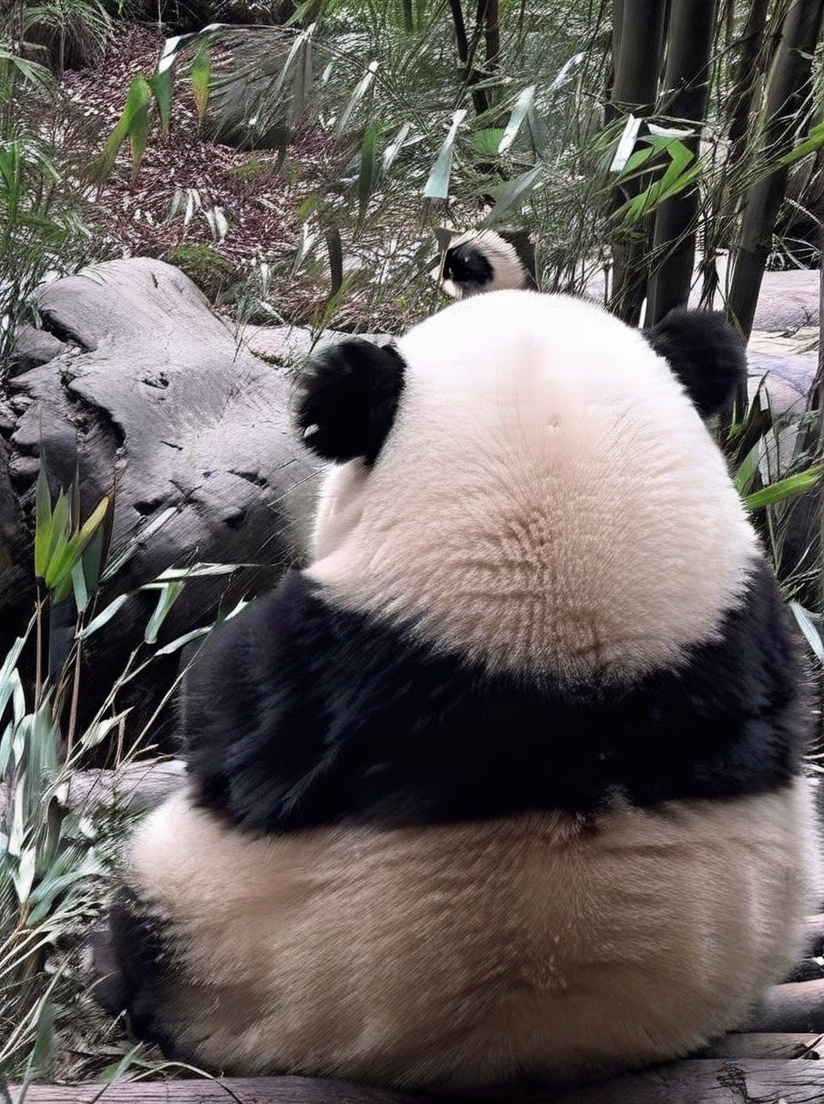 Huahua, Panda, no humans, animal, traditional media, nature, animal focus, outdoors, cat, plant, scenery, tree, forest, oversized animal, a panda bear sitting on a rock in a forest area with bamboo trees and rocks in the background and a log in the foreground,<lora:XL_HUAHUA:0.8>