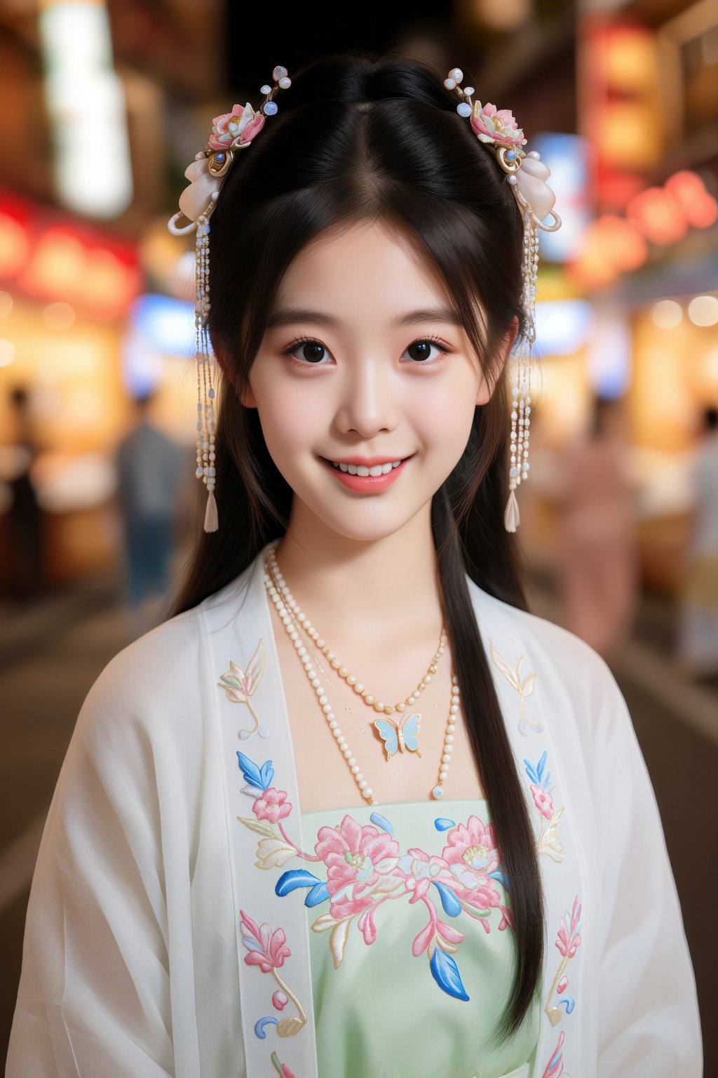 A young East Asian woman with long,  dark hair is positioned slightly to the left of the frame,  facing directly towards t...