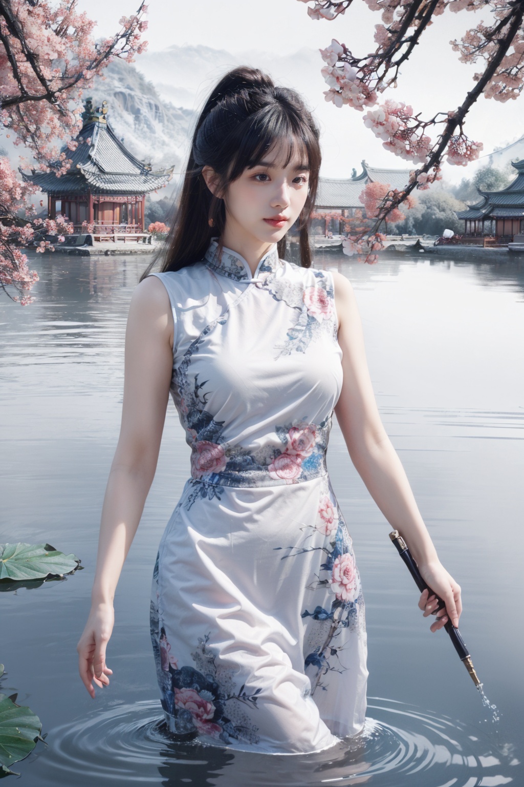 Realistic,best quality,masterpiece,8K,HDR,RAW,1girl,<lora:add_detail:0.6>,mount,water,water lily,chinese style,<lora:ENNE 水墨丹青_v10:1>,smdq,