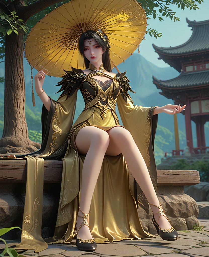 (oriental architecture, elegant decor, sophisticated style:1.1),(Resting against a tree trunk, legs stretched out, showing a tranquil moment,:1.1),(breasts:1.2),<lora:XL16长生界柳如烟:0.95>,miss liuruyan,yellow dress,pink eyes,black hair,long hair,hair ornament,shoulder trim,black lace bra,mole,wide sleeves,overskirt,black footwear,holding umbrella,, score_9,score_8_up,score_7_up,score_6_up,score_5_up,score_4_up,3d rendering,tag1,tag2, Cinematic Lighting,backlighting,