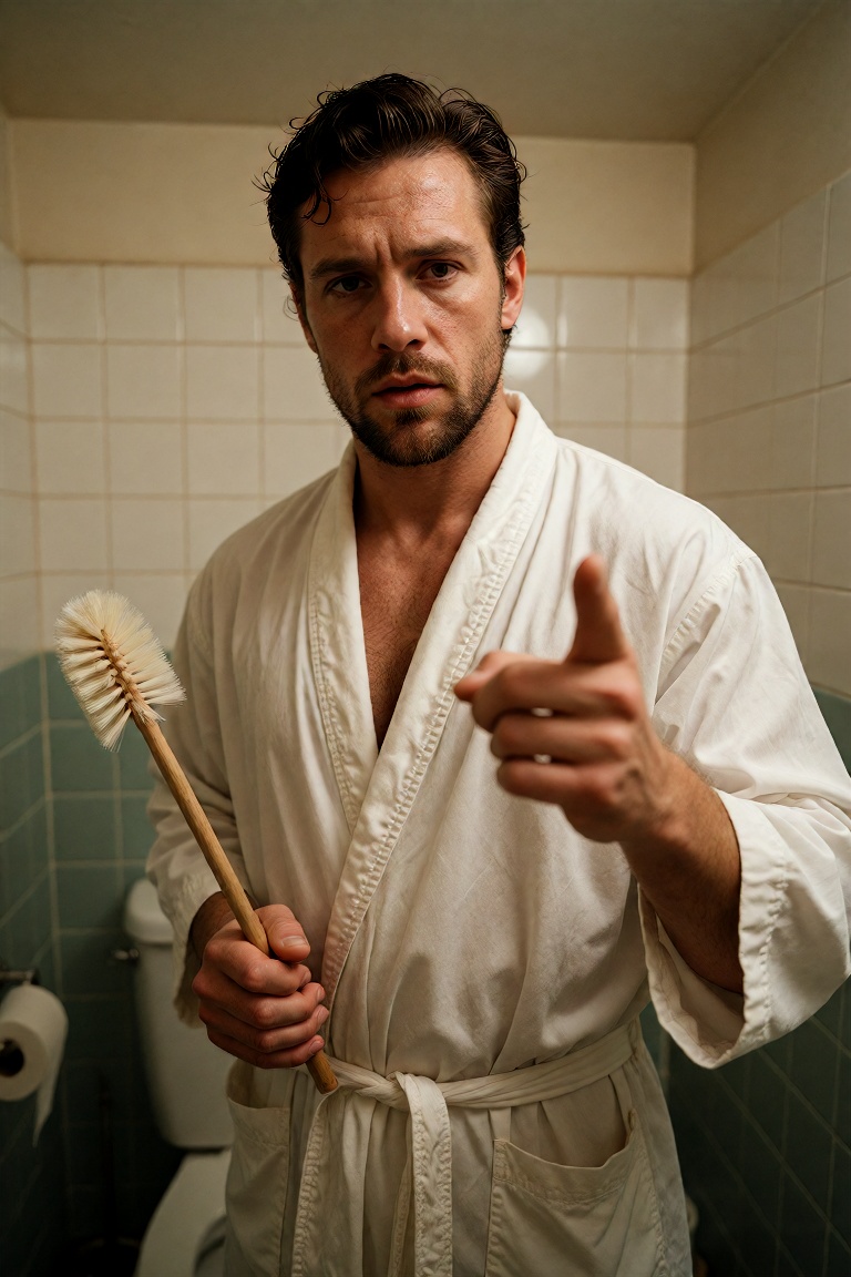 A muscular Caucasian man aged 35 stands center-frame in a modestly tiled bathroom,  his gaze locked directly into the view...