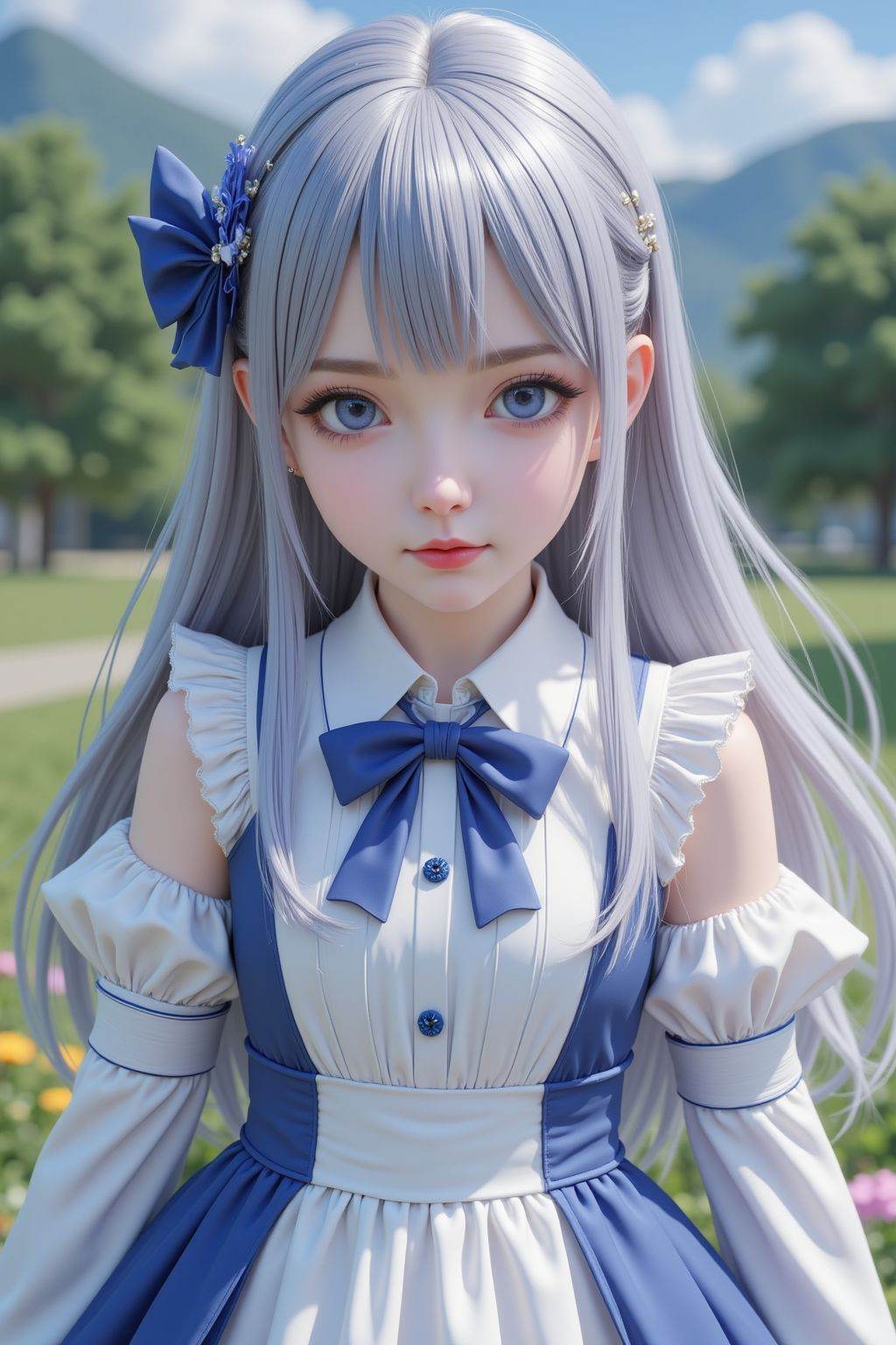 young girl, silver hair, white and blue dress, full body, hair ornament, flowers, outdoors,