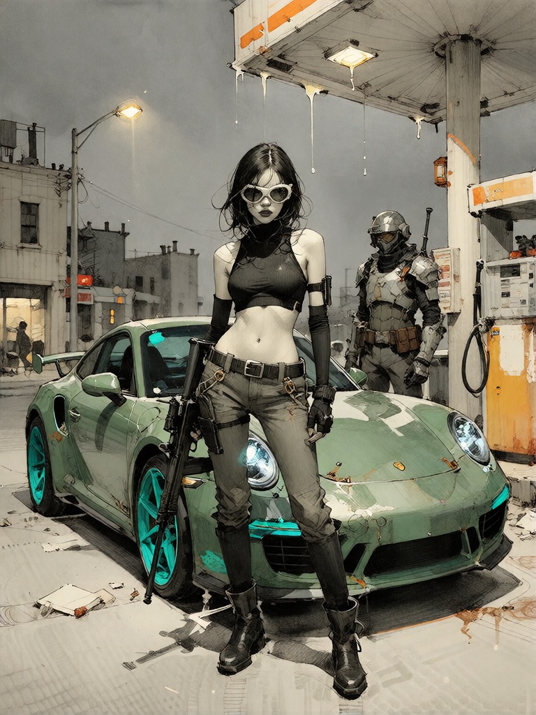 Bradhamel art style. A lone female warrior with long dark hair,  wearing a black tactical top,  dark pants on Tensor.Art