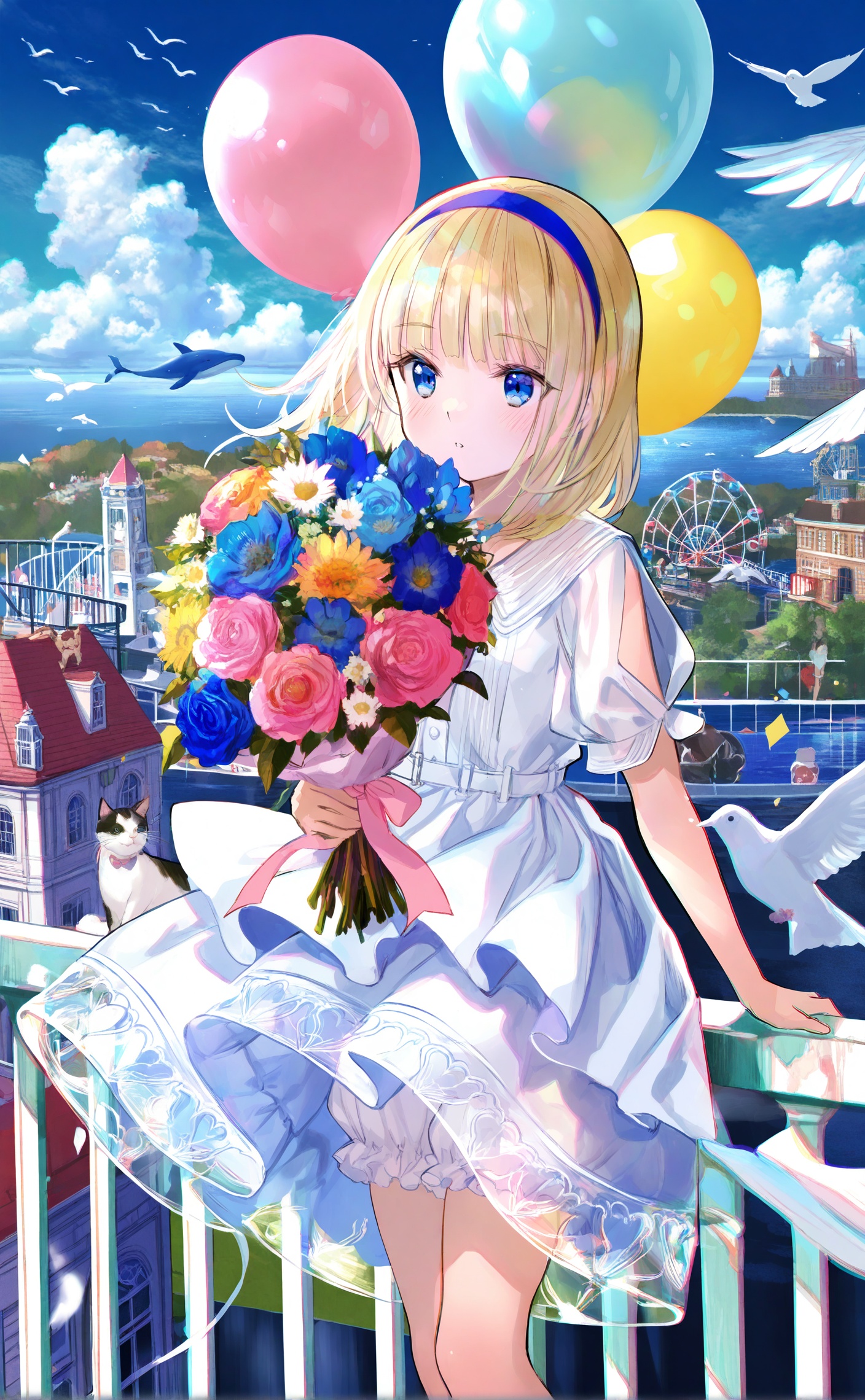 masterpiece,highres,absurdres,newest,best quality,loli,petite,high quality,chromatic_aberration,shiny_skin,//,1girl, balloon, blonde hair, ferris wheel, flower, blue eyes, bouquet, bird, dress, sky, cat, outdoors, building, holding, day, solo, holding bouquet, blue flower, bloomers, hairband, whale, cloud, blue sky, dove, white dress, cover, railing, animal, underwear, rose<lora:12.23:1>