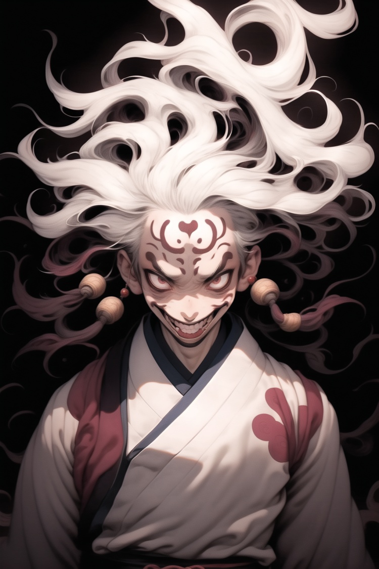 qzqzz, solo, jewelry, 1boy, earrings, looking at viewer, white hair, long hair, japanese clothes, male focus, floating hair, kimono, facial mark, upper body, smile, wide-eyed, sanpaku, black background，<lora:qzqzz-000020:1>,, masterpiece, best quality,