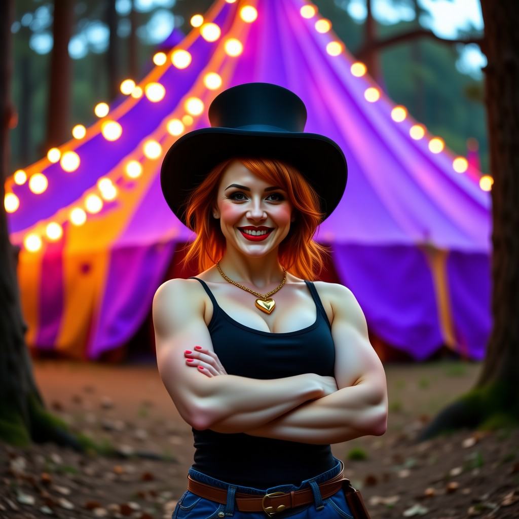 Photograph of a smiling woman with fair skin and red hair,  wearing a black top hat,  black **** top on Tensor.Art