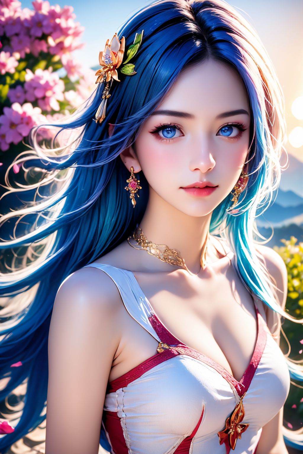 <lora:20250818_AgainAnimeGirlLora9:1>, 1girl, solo, jewelry, petals, earrings, hair ornament, long hair, looking at viewer, falling petals, blurry background, outdoors, upper body, blue hair, closed mouth, blurry, mountain, sky, portrait, dress, clothing cutout, realistic, blue eyes, sun, blue sky, flower, cleavage cutout, collarbone, grey eyes