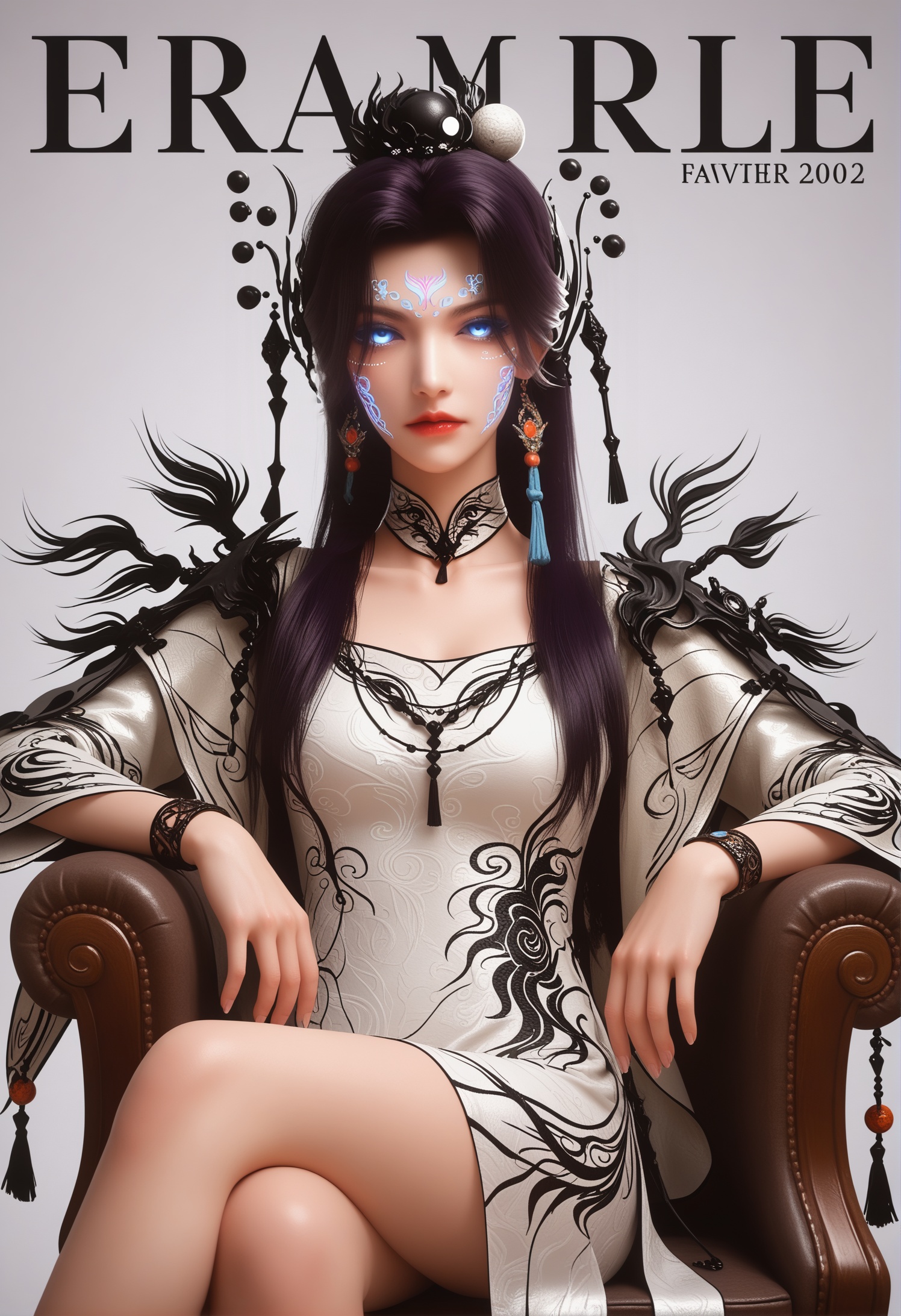score_9,score_8_up,score_7_up,1girl,solo,realistic,sitting,(crossed_legs:1.3),(looking at viewer:1.1),1girl,solo,realistic,dress,white dress,chinese clothes,long sleeves,realistic,jewelry,hair ornament,beads,tassel,(round ball:1.2),orange long upper shan,choker,bracelet,earrings,tassel earrings,1girl,solo,realistic,(mature face:1.4),big eye,(pale_skin:1.1),shiny_skin,slender face,long hair,black hair,glowing eyes,blue eyes,forehead mark,forehead jewel,facial tattoo,glowing tattoo,facial mark,eyelashes,makeup,eyeshadow,purple eyeshadow,blue eyeshadow,collarbone,lipstick,red lips,closed mouth,realistic,(grey background:1.2),solid background,gradient_background,(magazine cover theme:1.05),(white chair:0.8),medium breasts,<lora:小巳-云望舒众生愿pony:0.85>,