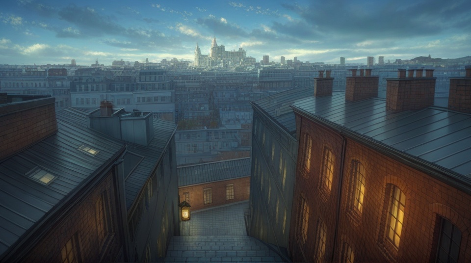 (best quality), ((masterpiece)), (highres), illustration, original, extremely detailed,  <lora:疗愈天空:0.7>scenery, sky, cityscape, solo, cloud, outdoors, city, building, window, stairs, rooftop, lantern