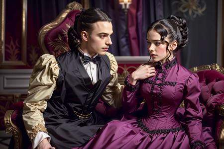 1boy,  1girl,  movie still of a woman in a dress flirting with Count Dracula wearing suit1880_dr3ss on Tensor.Art