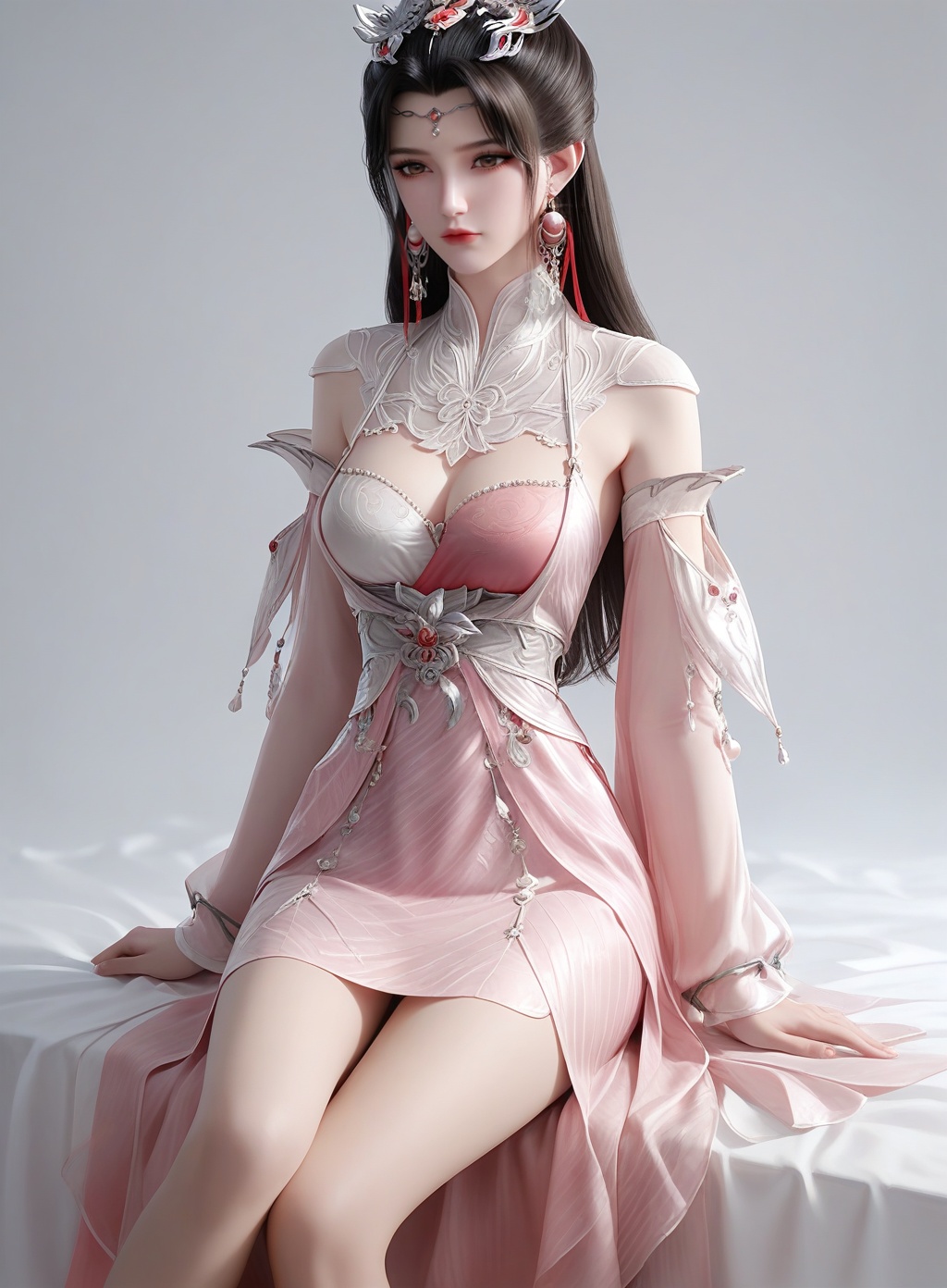 score_9,score_8_up,score_7_up,1girl,long hair,breast,medium breast,earrings,hair_ornament,dress,<lora:wy_liumei_XL7.0:0.8>,black hair,brown eyes,pink dress,thick_thighs,simple background,sitting,