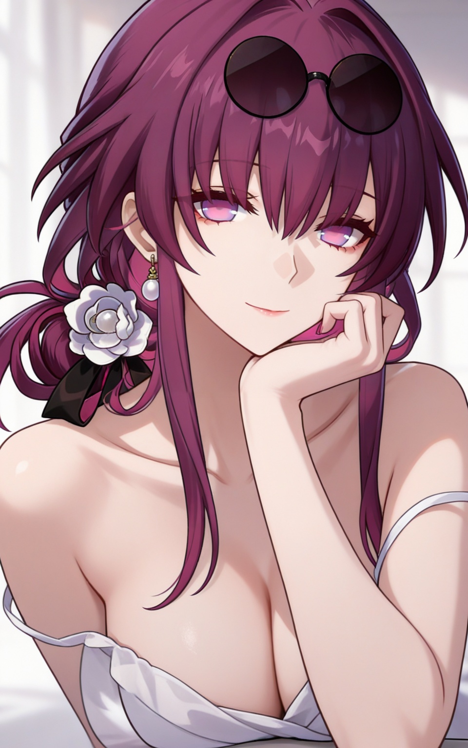 depth of field,masterpiece,best quality,very aesthetic,alternate costume,alternate costume,2024,2023,perfect composition,ultra-detailed,extreme aesthetic,masterpiece,best quality,good quality,newest,year 2024,year 2023,very aesthetic,absurdres,looking_at_viewer,colorful,<lora:卡夫卡·衣服百搭款ILL:0.8>,kafka \(honkai: star rail\),long hair,purple hair,red hair,pearl earrings,single earring,purple eyes,hair flower,hair ornament,eyewear on head,round eyewear,